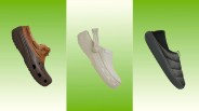 Three floating shoes against a green gradient background: brown and tan clog, beige canvas clog with strap, and black quilted slip-on.
