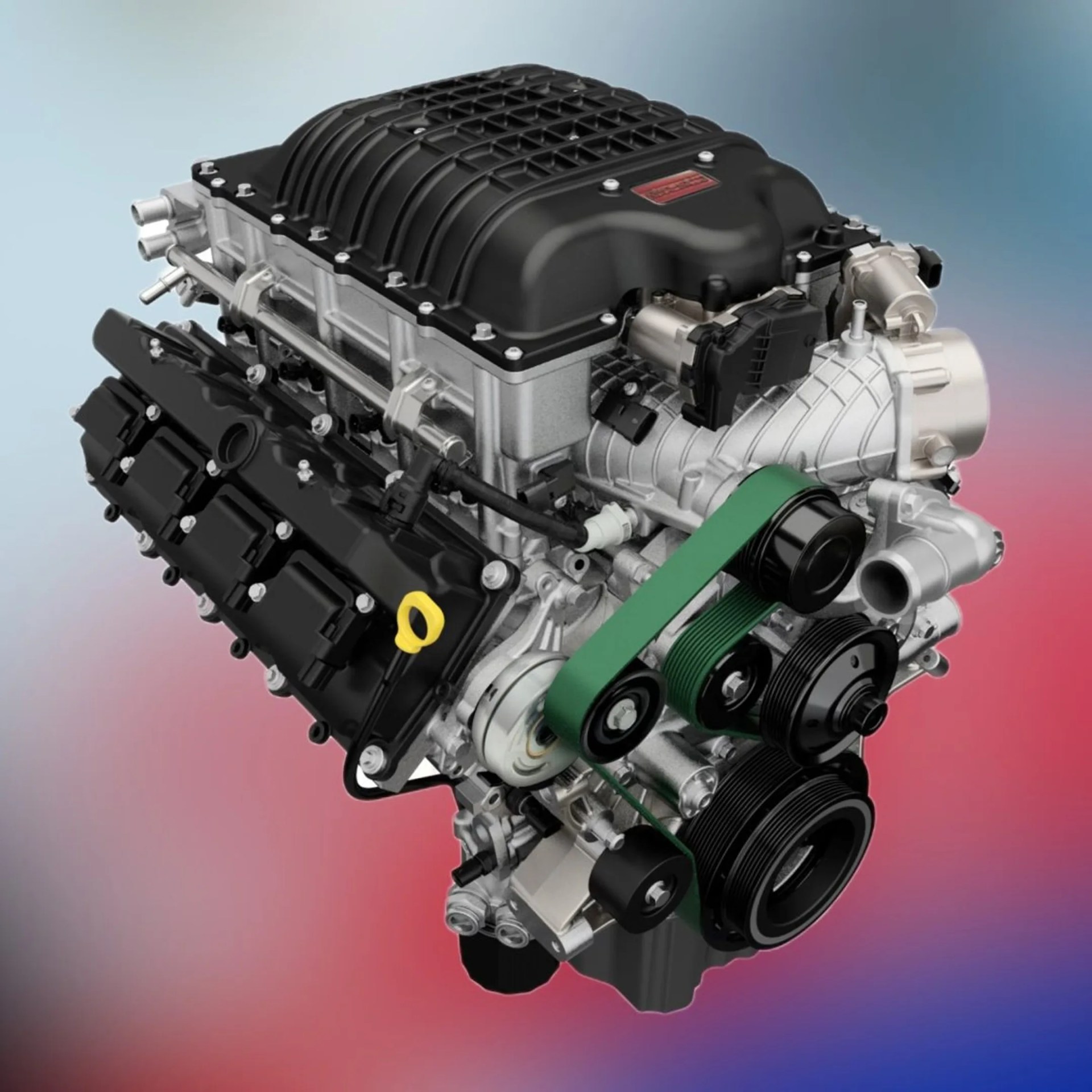 High-performance V8 engine with black supercharger housing and green serpentine belt on gradient background.