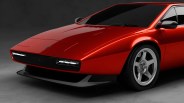 Front side view of a shiny red sports car with silver five-spoke wheels and black side mirrors.