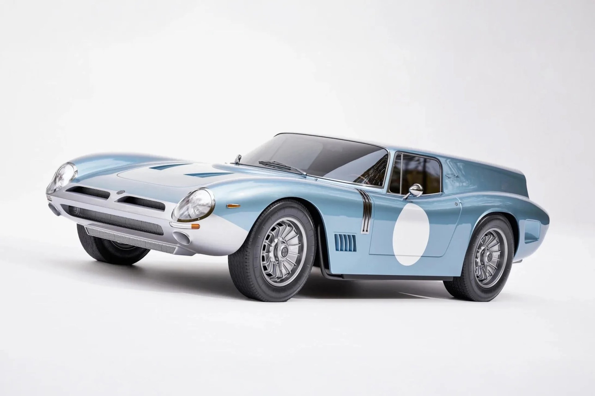 Light blue vintage race car with white roundel on door and silver wheels on white background.