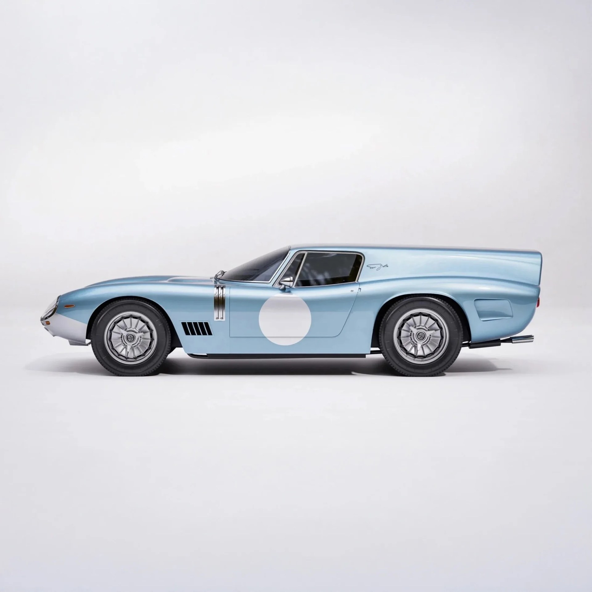 Light blue vintage race car with white roundel on door and silver wheels on a white background.