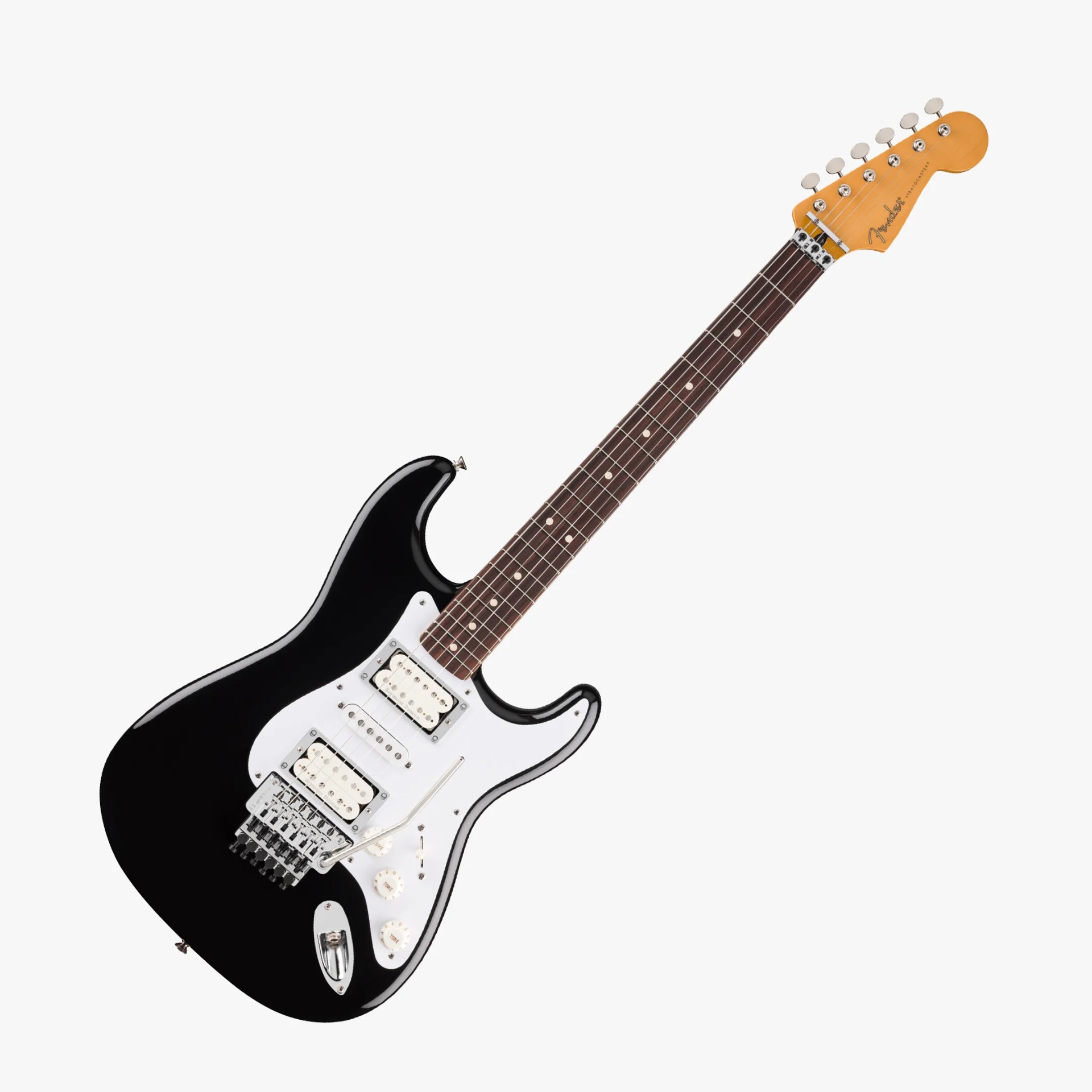 Black Fender Stratocaster electric guitar with white pickguard and maple neck.