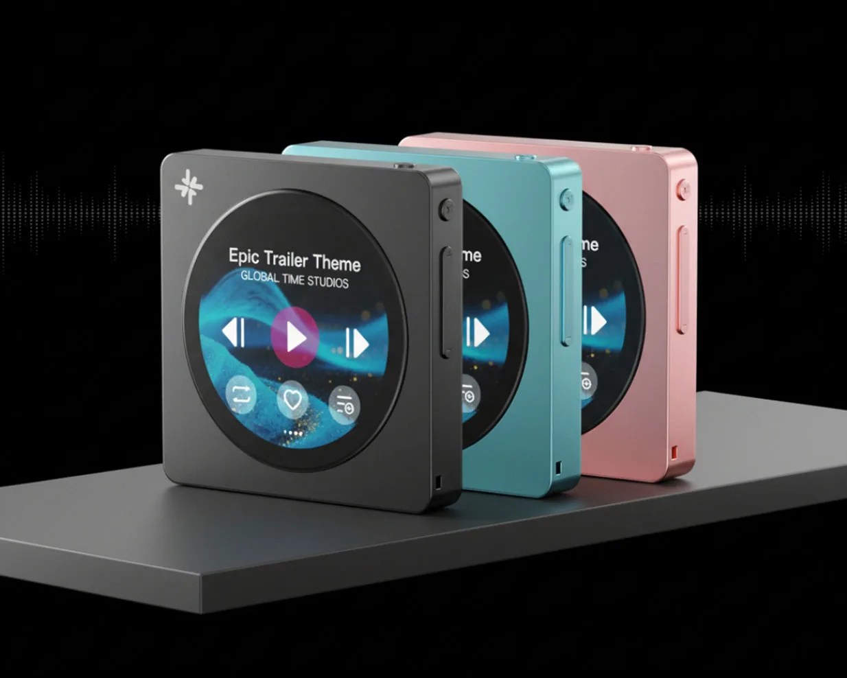 Three square digital music players in black, teal, and pink with circular touchscreens displaying "Epic Trailer Theme" on a gray platform.