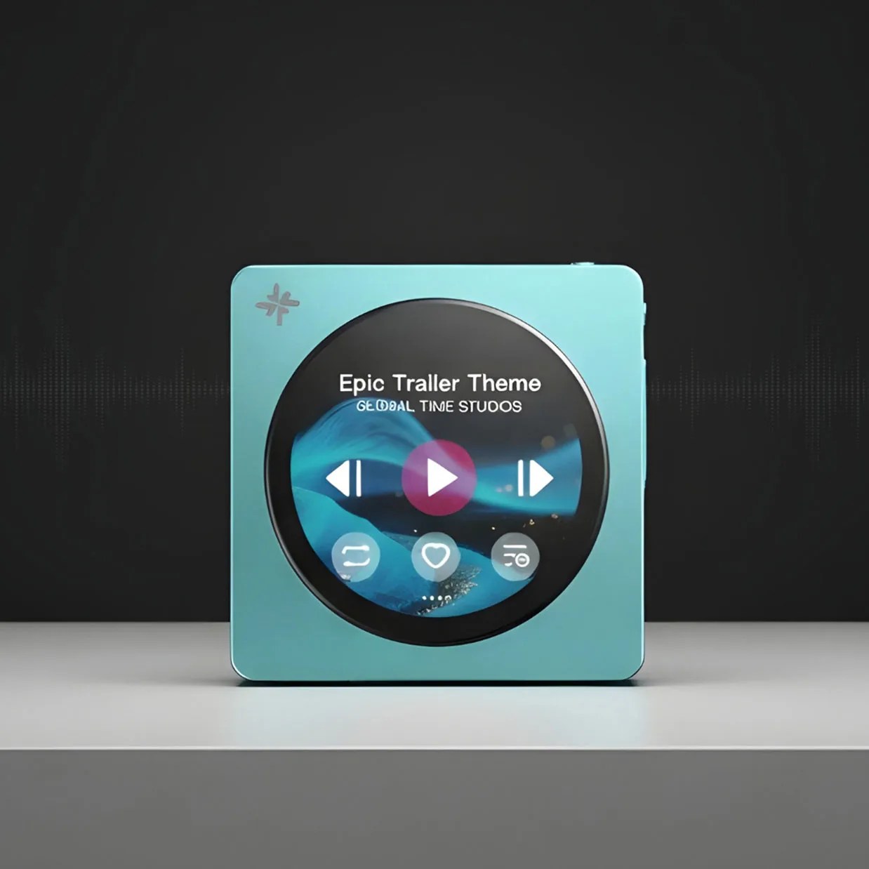 Square turquoise digital music player with circular screen displaying "Epic Trailer Theme" and playback controls.