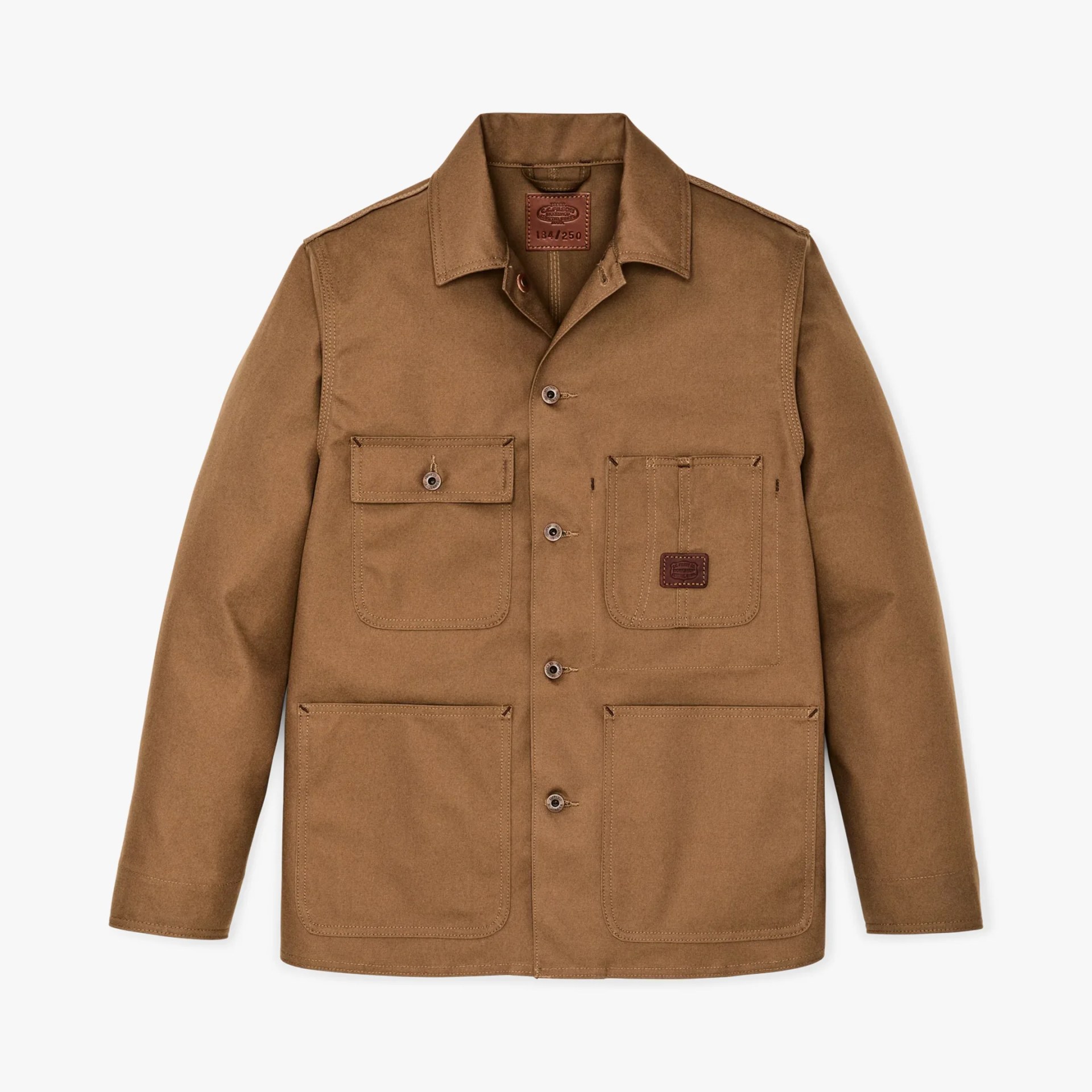 Brown button-up jacket with four front pockets, one with a button flap and one with a leather patch.