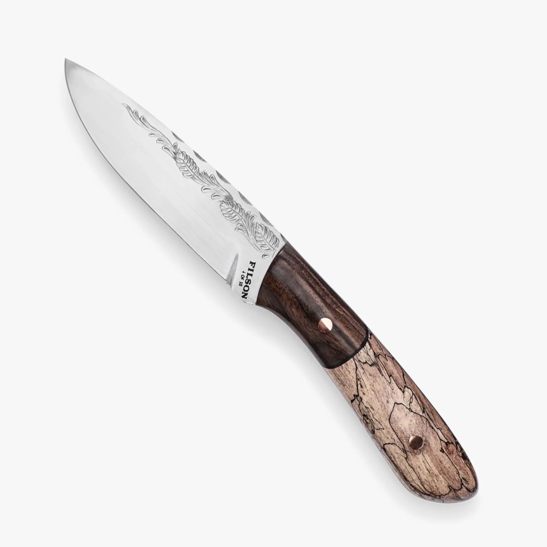 Knife with engraved stainless steel blade and two-tone wooden handle with copper rivets.