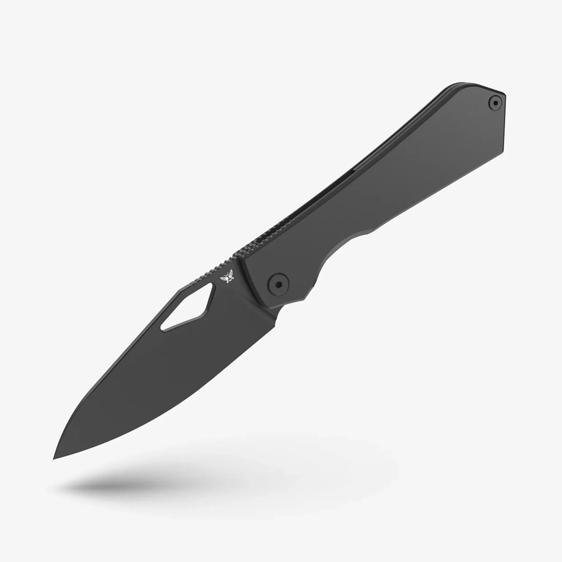 Black folding knife with a sleek handle and a partially serrated blade featuring a thumb hole.