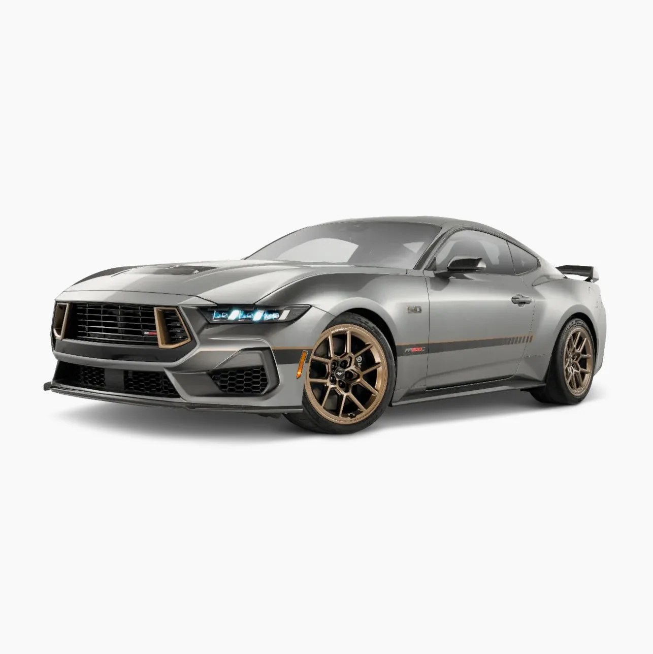 Gray Ford Mustang with bronze wheels and black front grille on a white background.