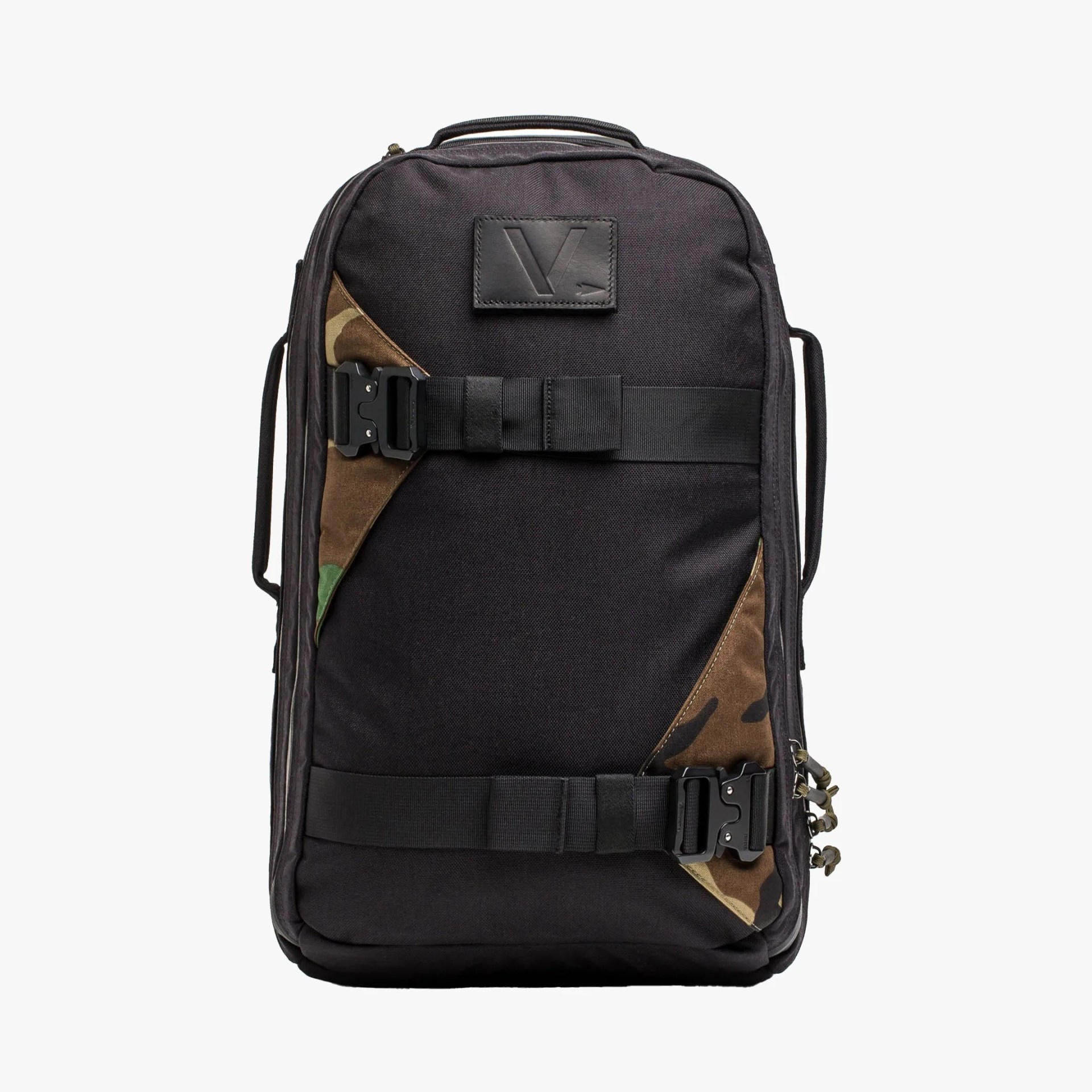 Black rectangular backpack with camouflage corner accents and two black buckle straps on the front.