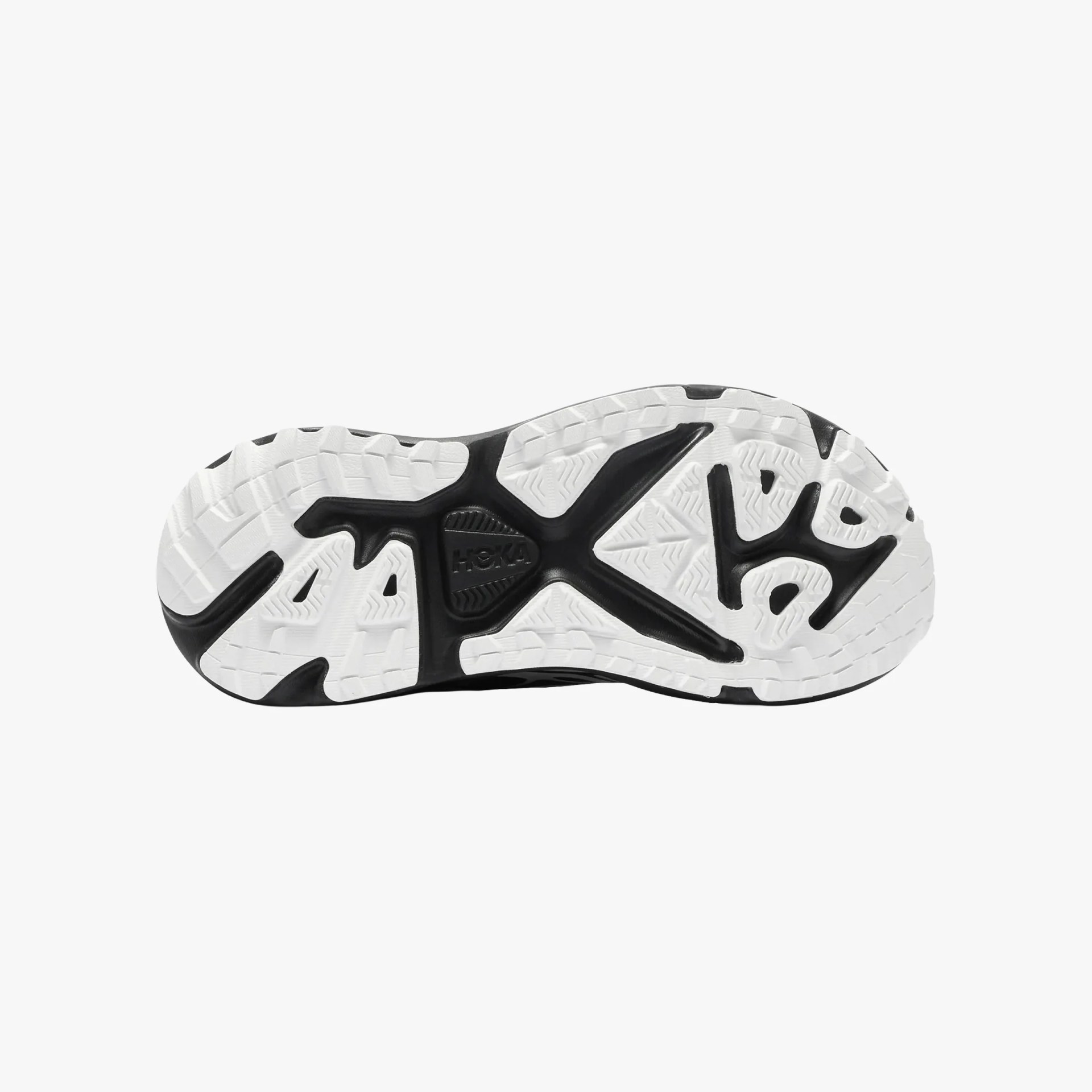 Black and white rubber outsole of a Hoka running shoe with textured tread pattern.