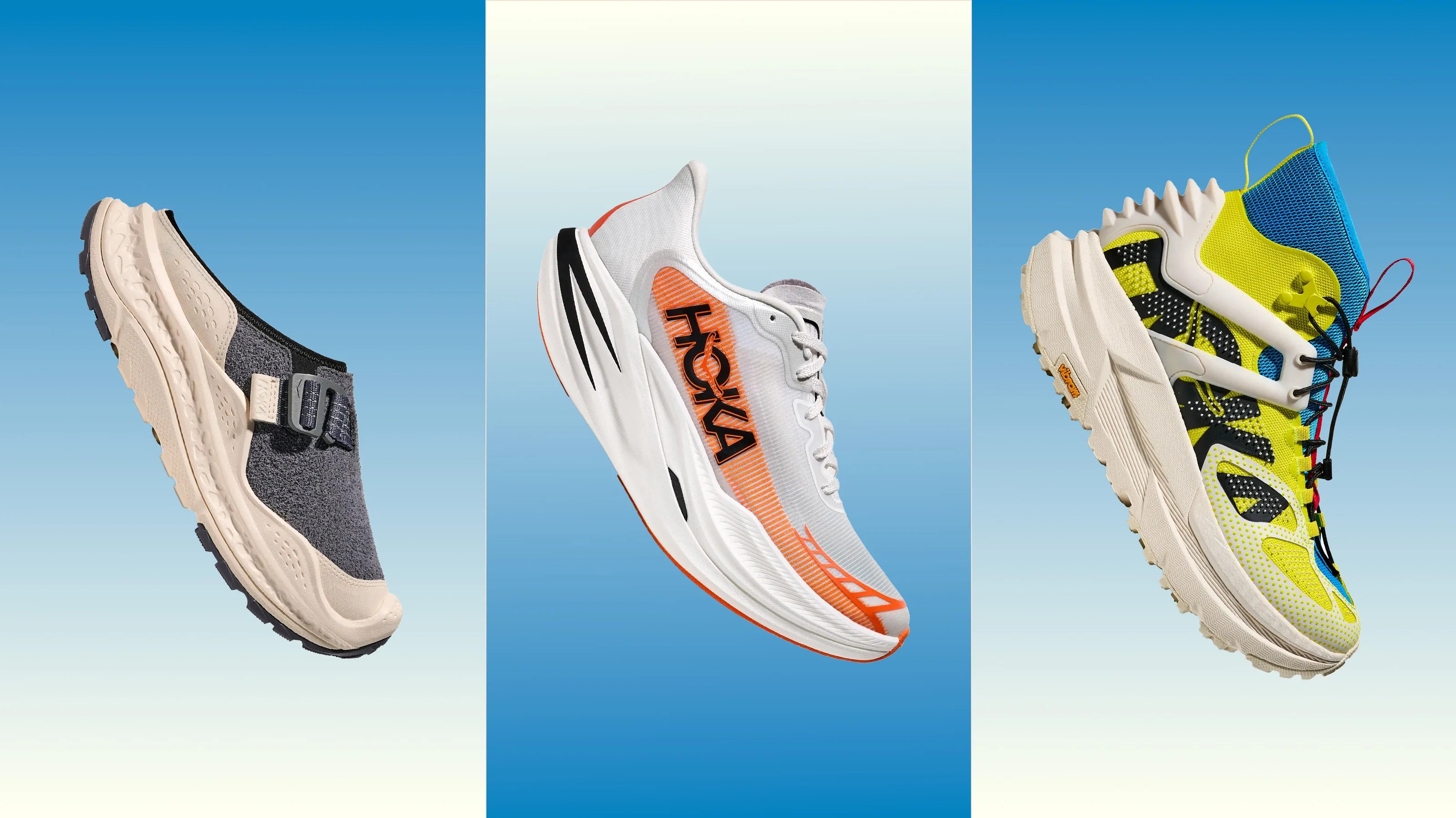 Three floating athletic shoes against a blue gradient background: beige and gray slip-on on left, white and orange lace-up in center, and yellow, blue, and black high-top with laces on right.