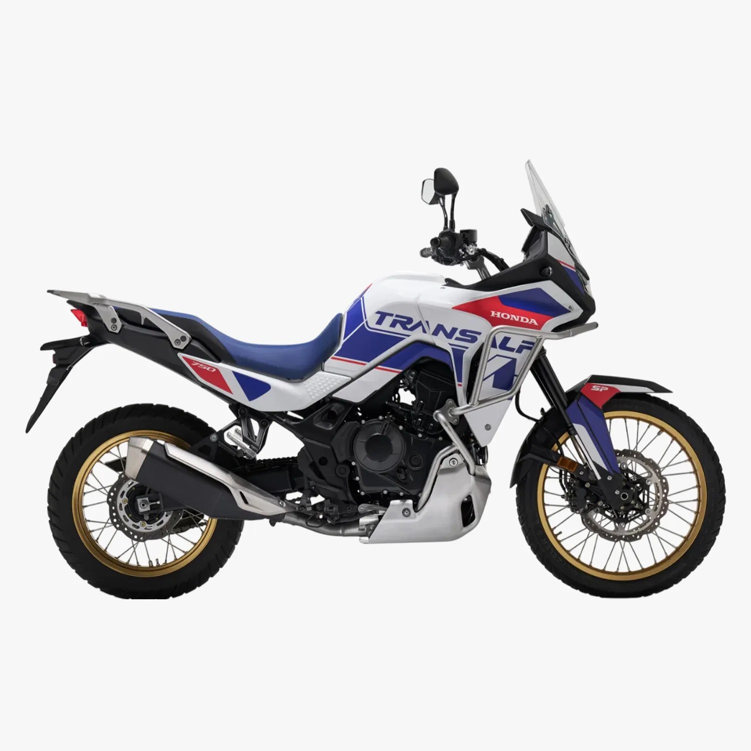 White, blue, and red Honda Transalp 750 adventure motorcycle with gold rims and a tall windshield.