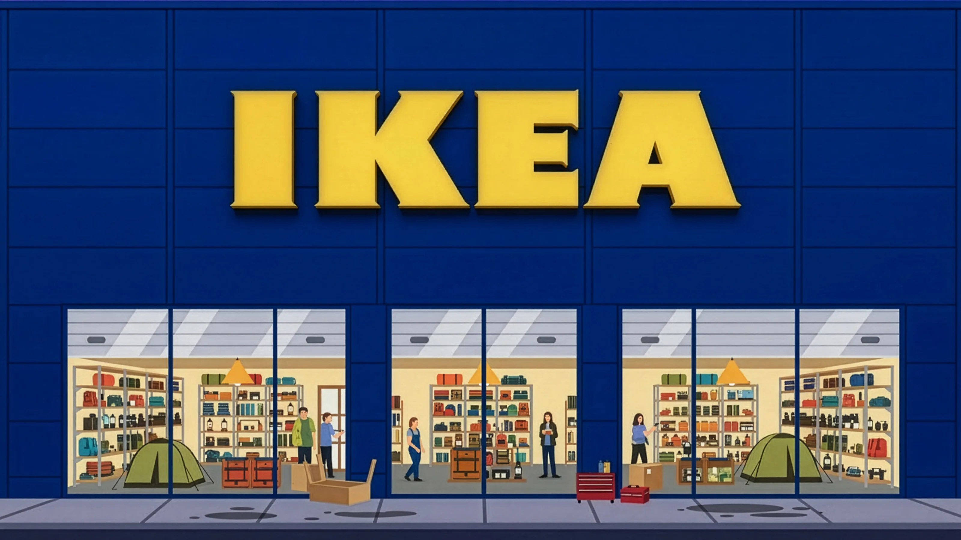 Blue IKEA store facade with large yellow logo and visible interior shelves, tents, and people inside.
