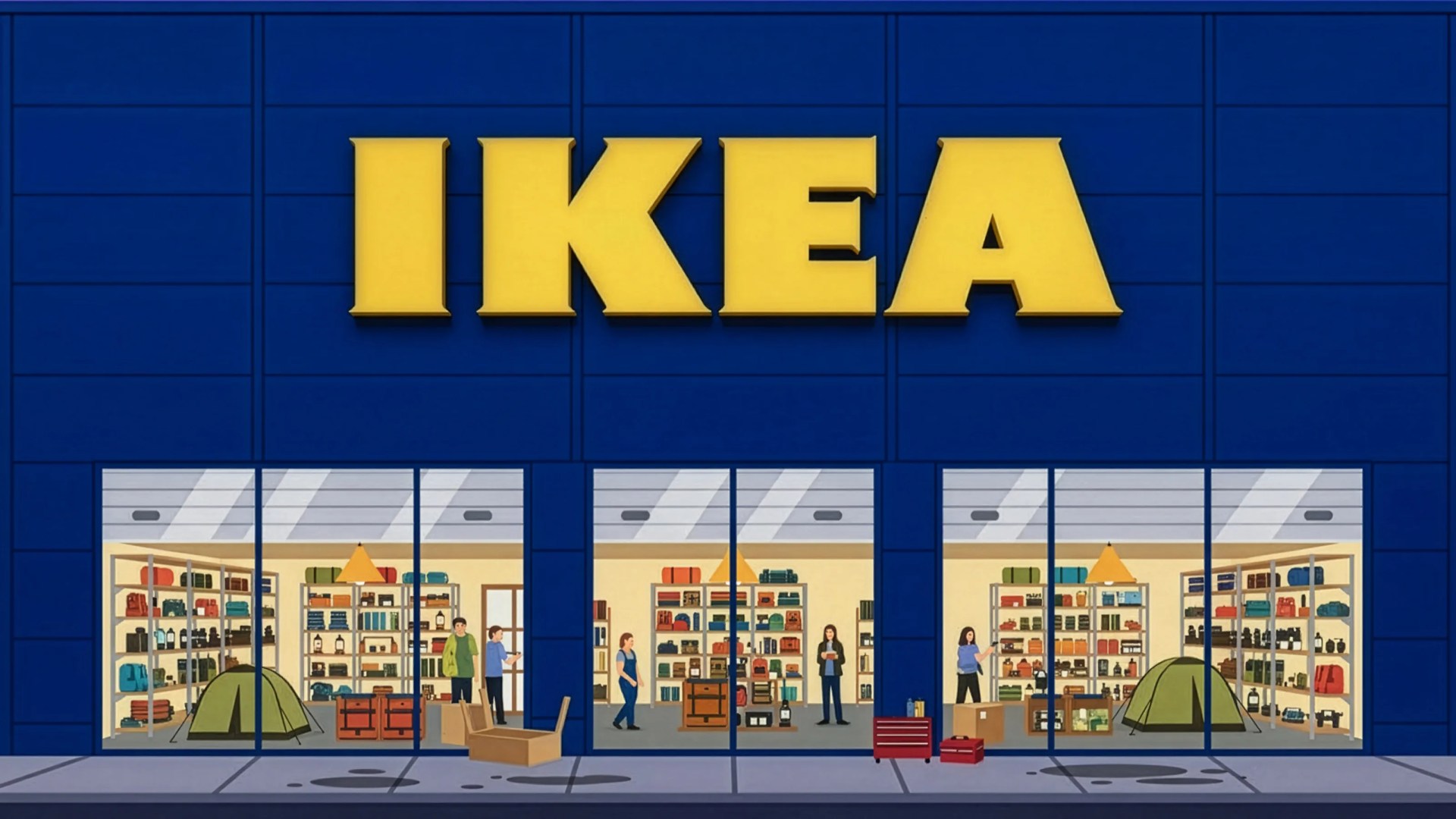 Blue IKEA store facade with large yellow logo and visible interior shelves, tents, and people inside.