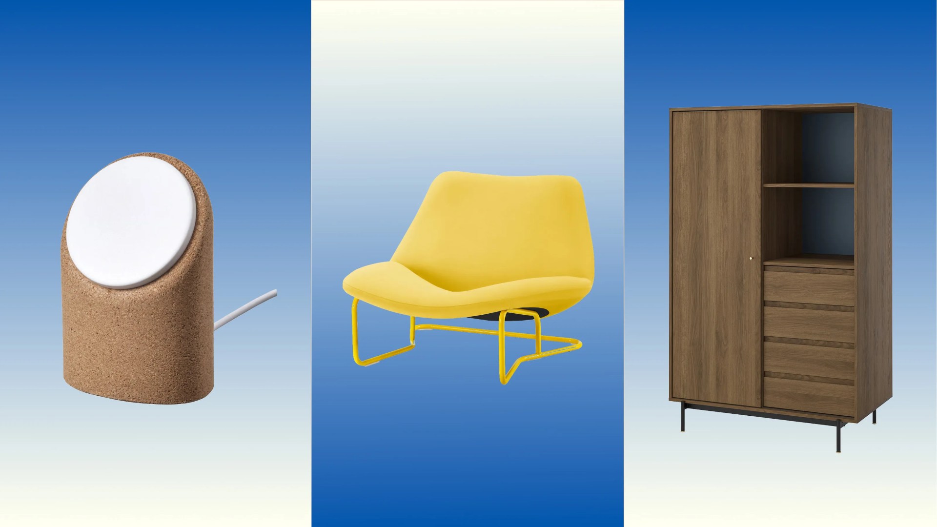 Cork and white wireless charger, yellow modern lounge chair with metal frame, and wooden cabinet with drawers and shelves.