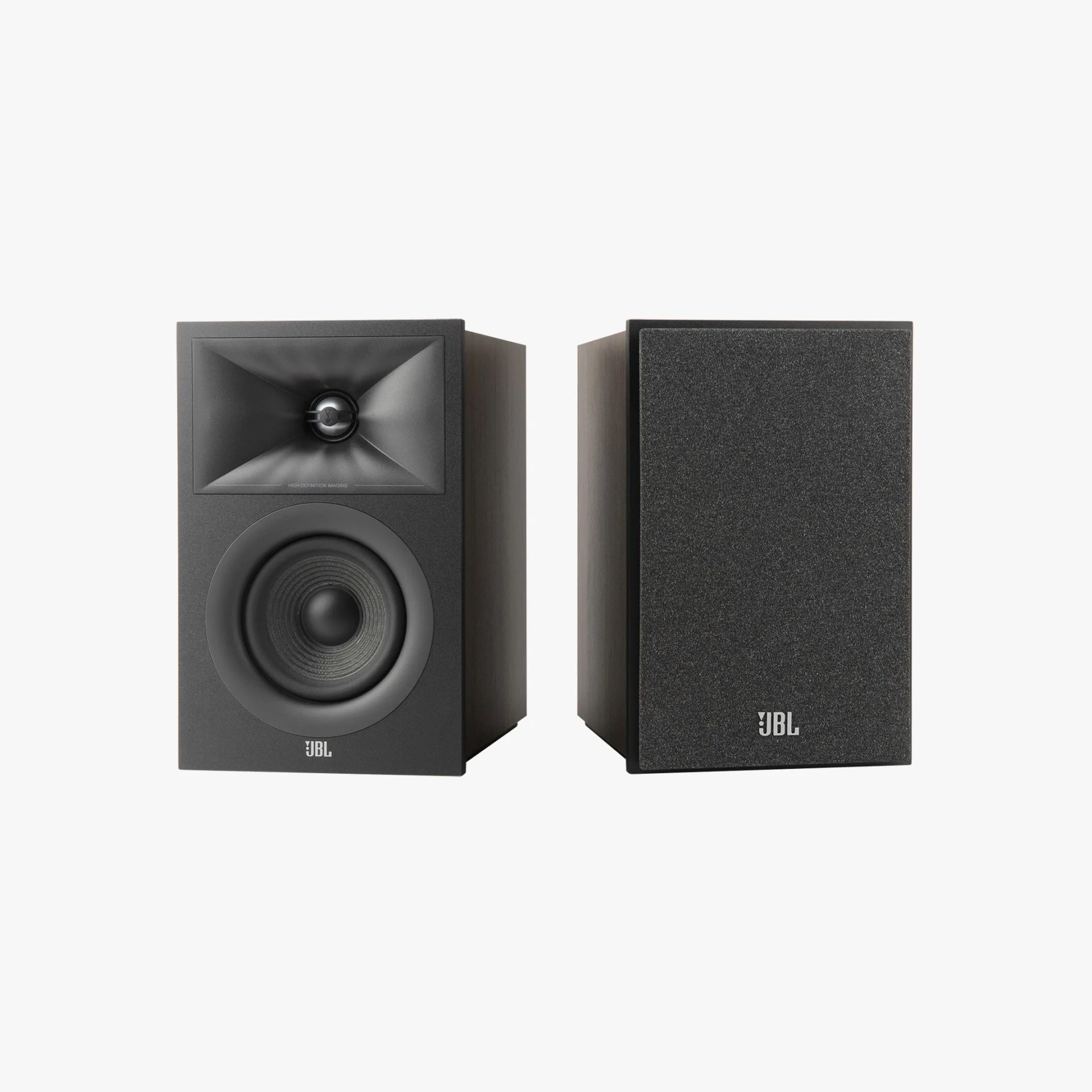 Pair of black JBL bookshelf speakers, one with grille cover on, the other showing drivers.