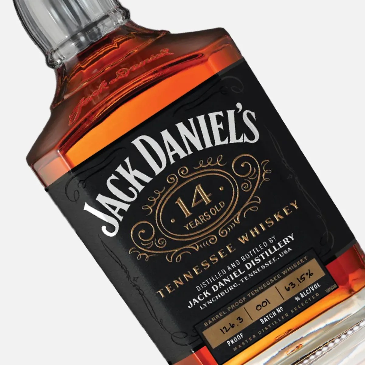 Jack Daniel's 14 years old Tennessee whiskey bottle with black and gold label and clear cap.