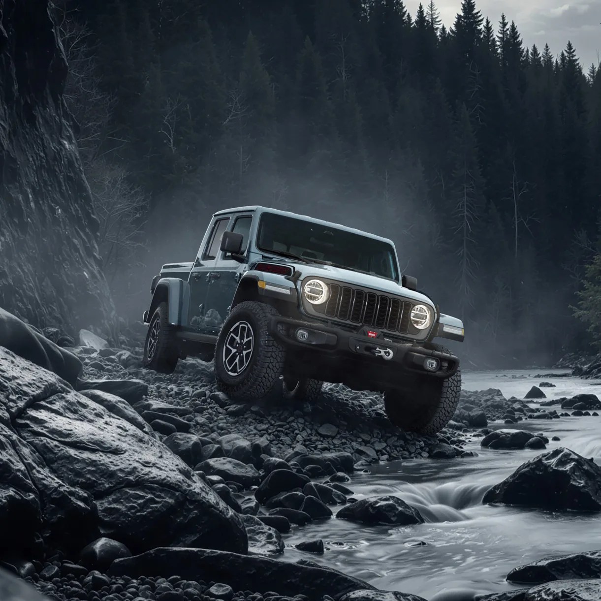 Blue four-door off-road pickup truck with round headlights on rocky riverbank in forest.