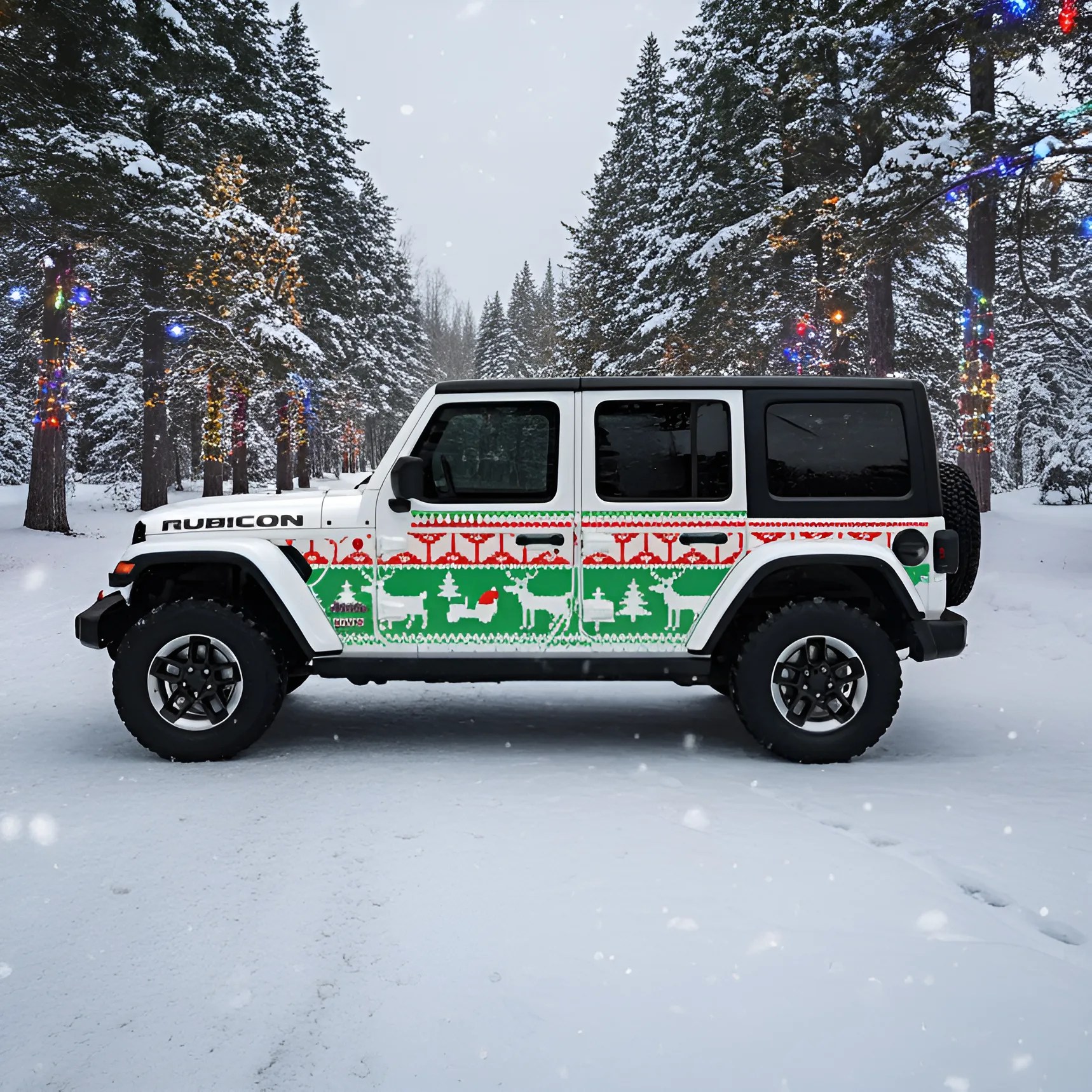 White Jeep Rubicon with red and green holiday-themed decal parked on a snowy road lined with snow-covered trees and colorful lights.