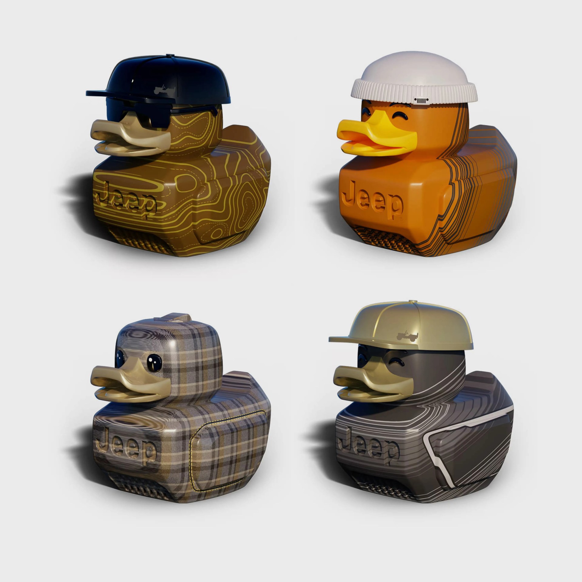 Four Jeep-branded rubber ducks with different patterns and hats, arranged in a 2x2 grid on a white background.