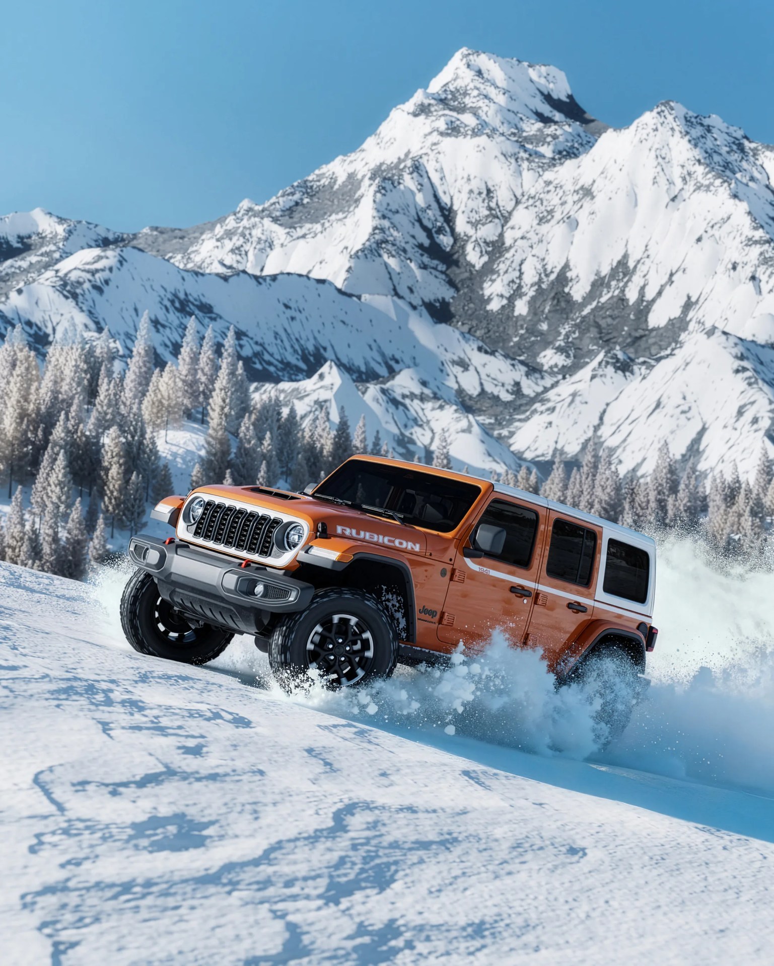 Orange Jeep Rubicon driving through snow with snow-covered pine trees and mountains in the background.