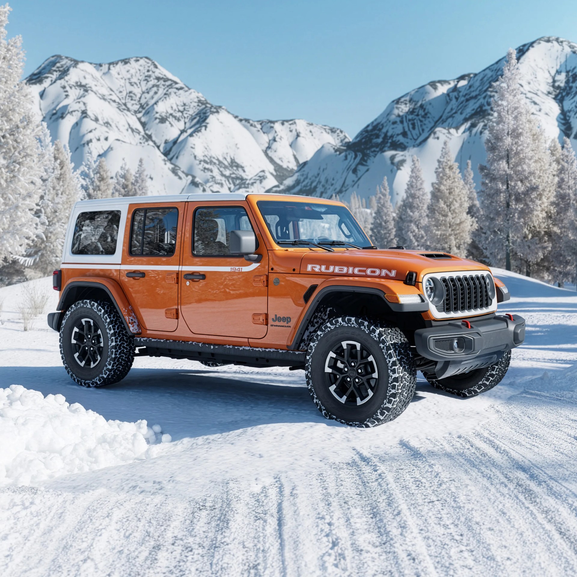 Orange Jeep Rubicon 4-door SUV with white roof parked on snowy road with snow-covered mountains and trees in background.