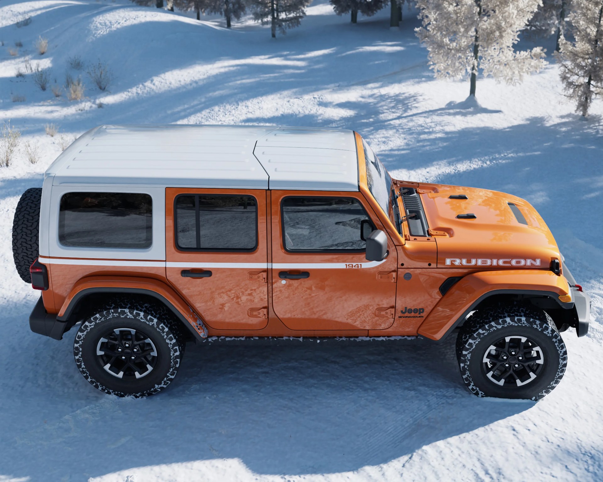 Orange Jeep Wrangler Rubicon with white roof parked on snow-covered ground.