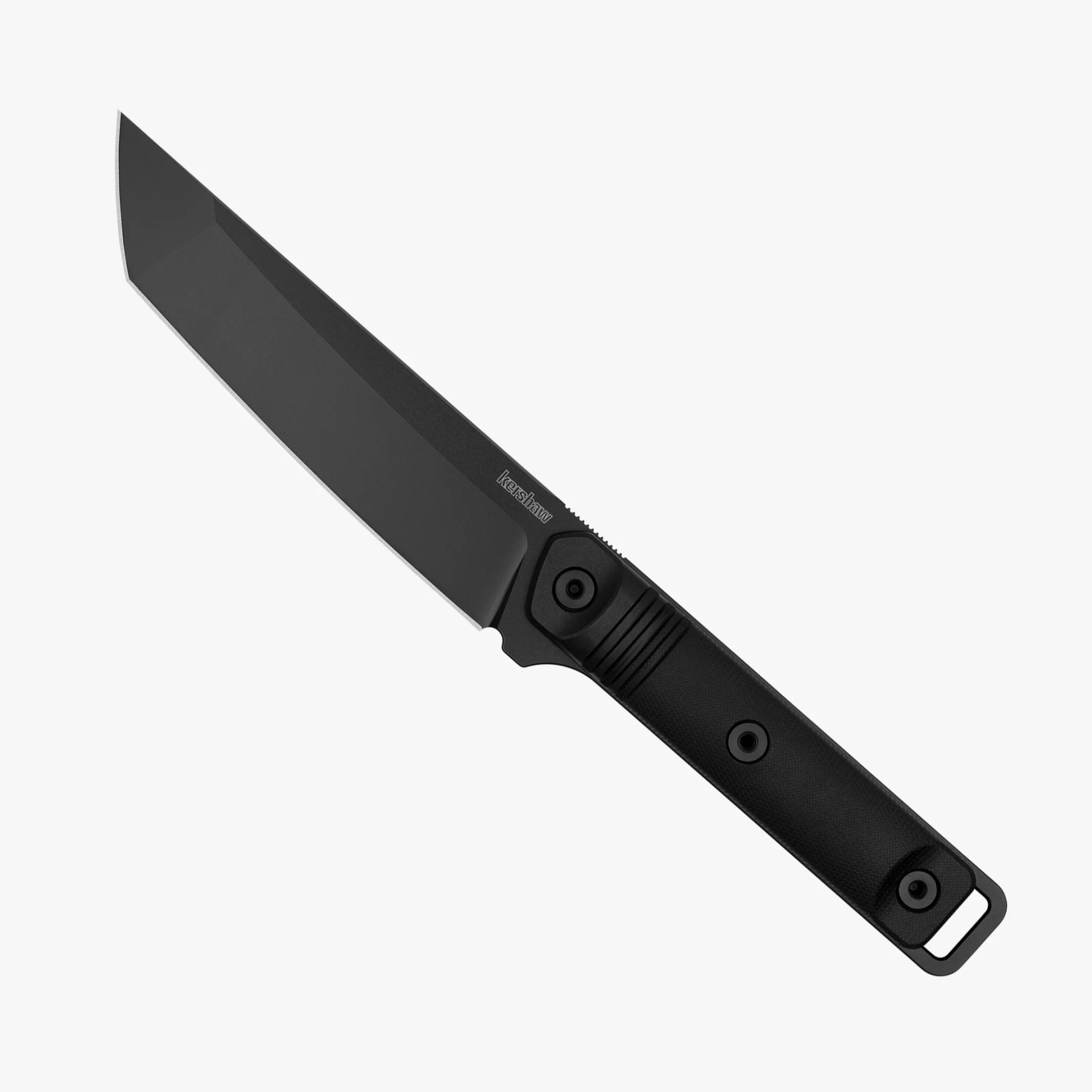 Black tactical knife with tanto-style blade and textured handle on a white background.