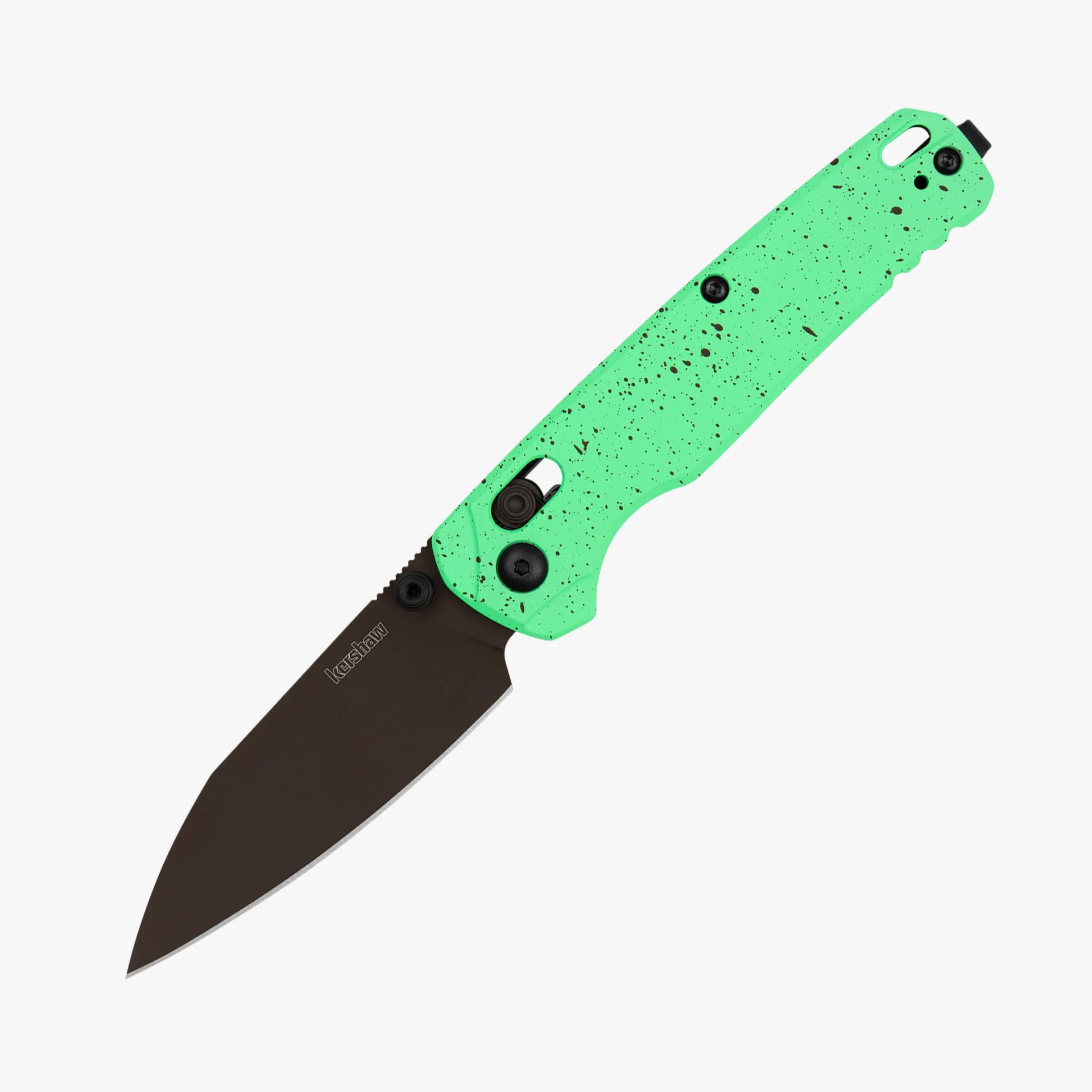Folding knife with a black blade and a mint green handle speckled with black dots.