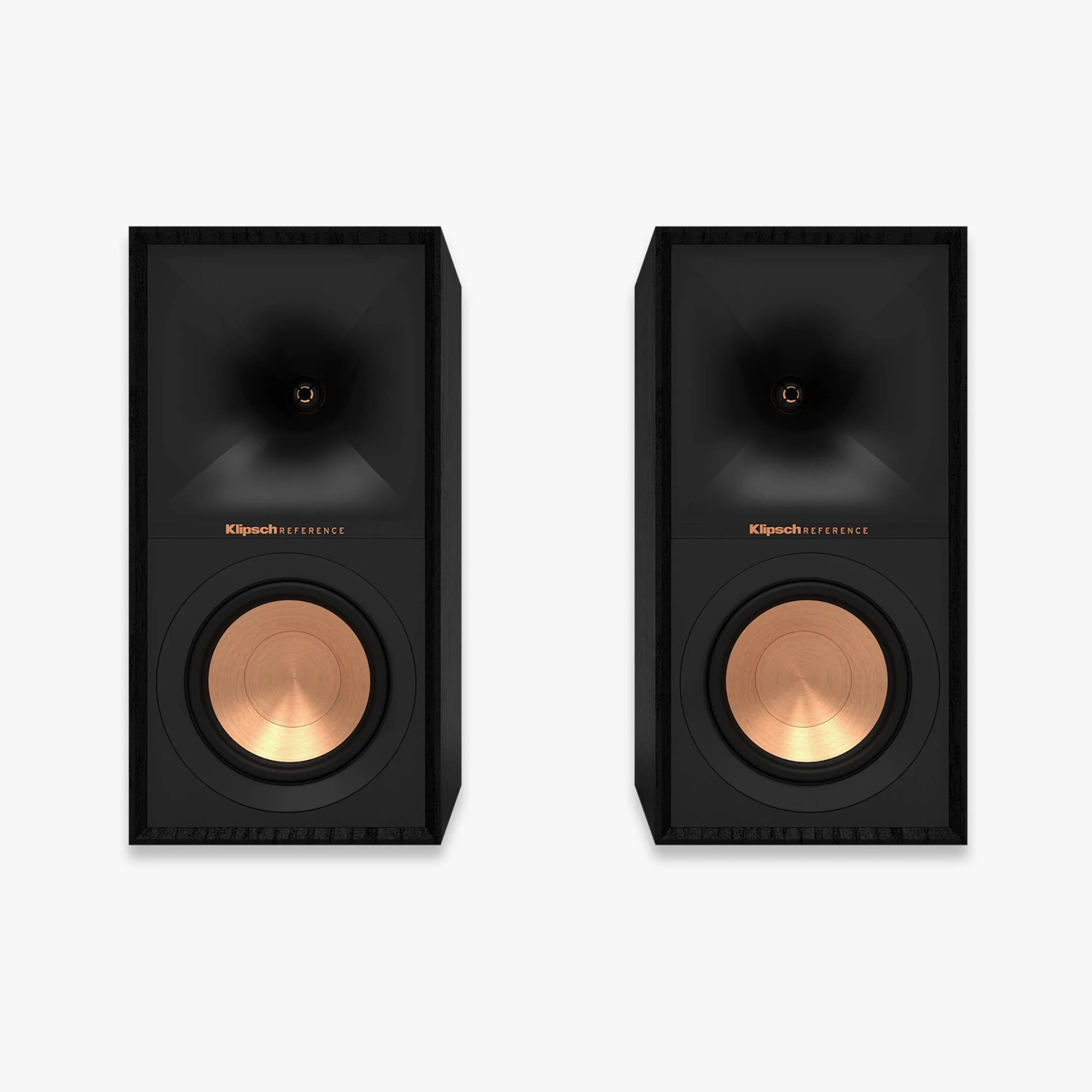 Pair of black Klipsch Reference speakers with copper-colored woofers on a white background.