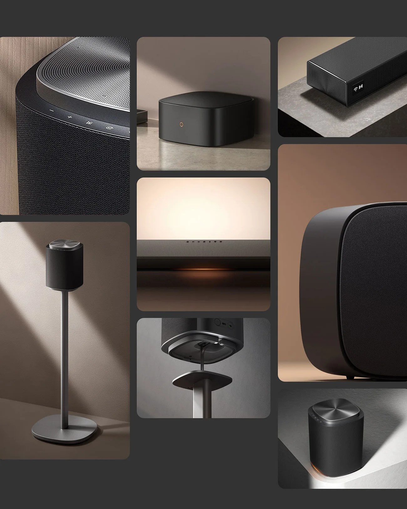Collage of sleek black modern audio equipment including speakers, a soundbar, a subwoofer, and a speaker stand in minimalist settings.