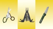 Three multi-tools on a yellow gradient background: folding scissors with green and brown handles, black multitool with pliers and various tools, and green-handled folding knife.
