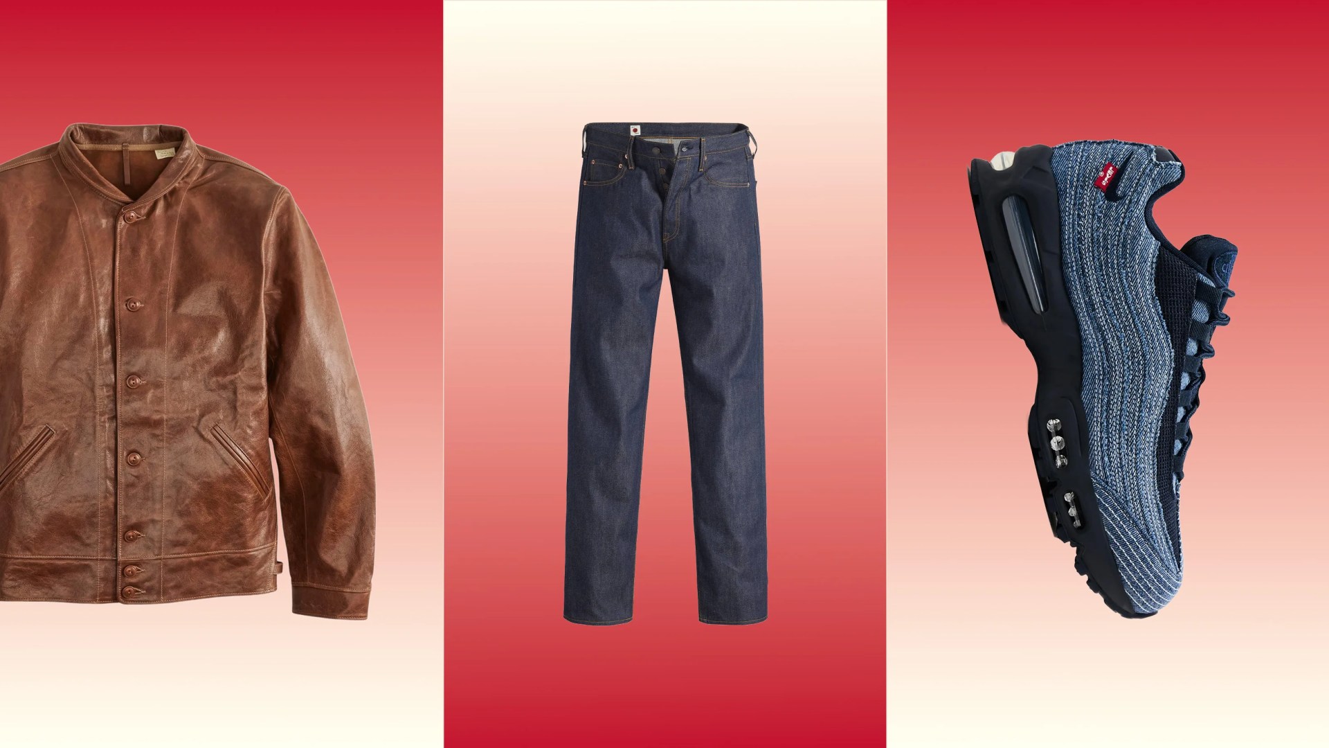 Brown leather button-up jacket, dark blue denim jeans, and blue knit sneaker with black sole on gradient red background.