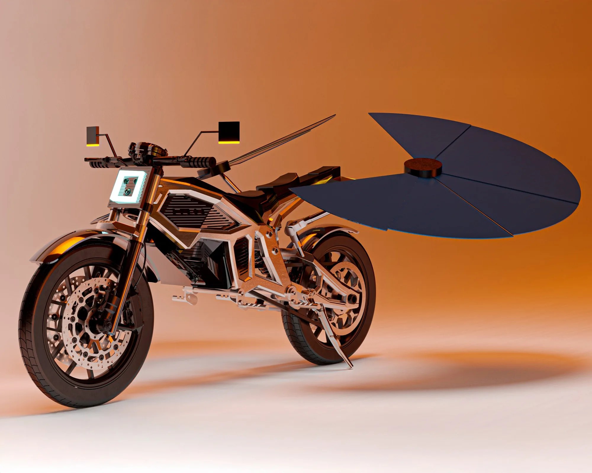 Futuristic metallic motorcycle with a large blue circular wing attached at the rear, set against an orange background.