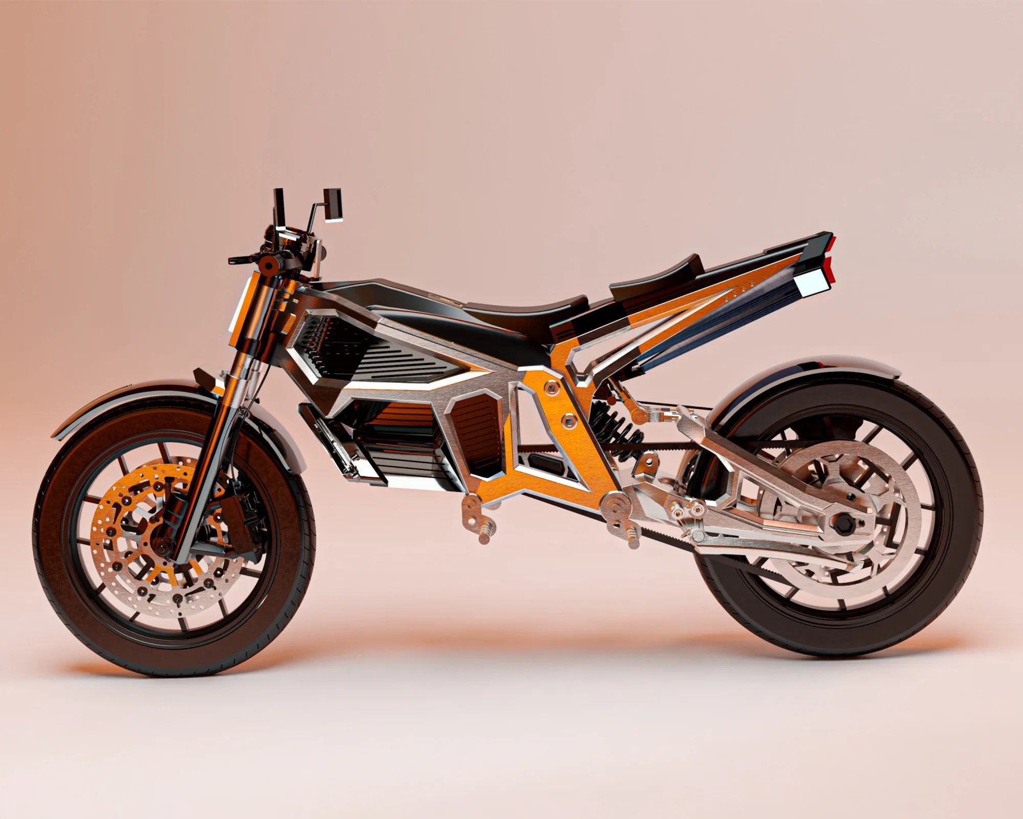 Futuristic electric motorcycle with exposed metallic frame and black seat on a neutral background.