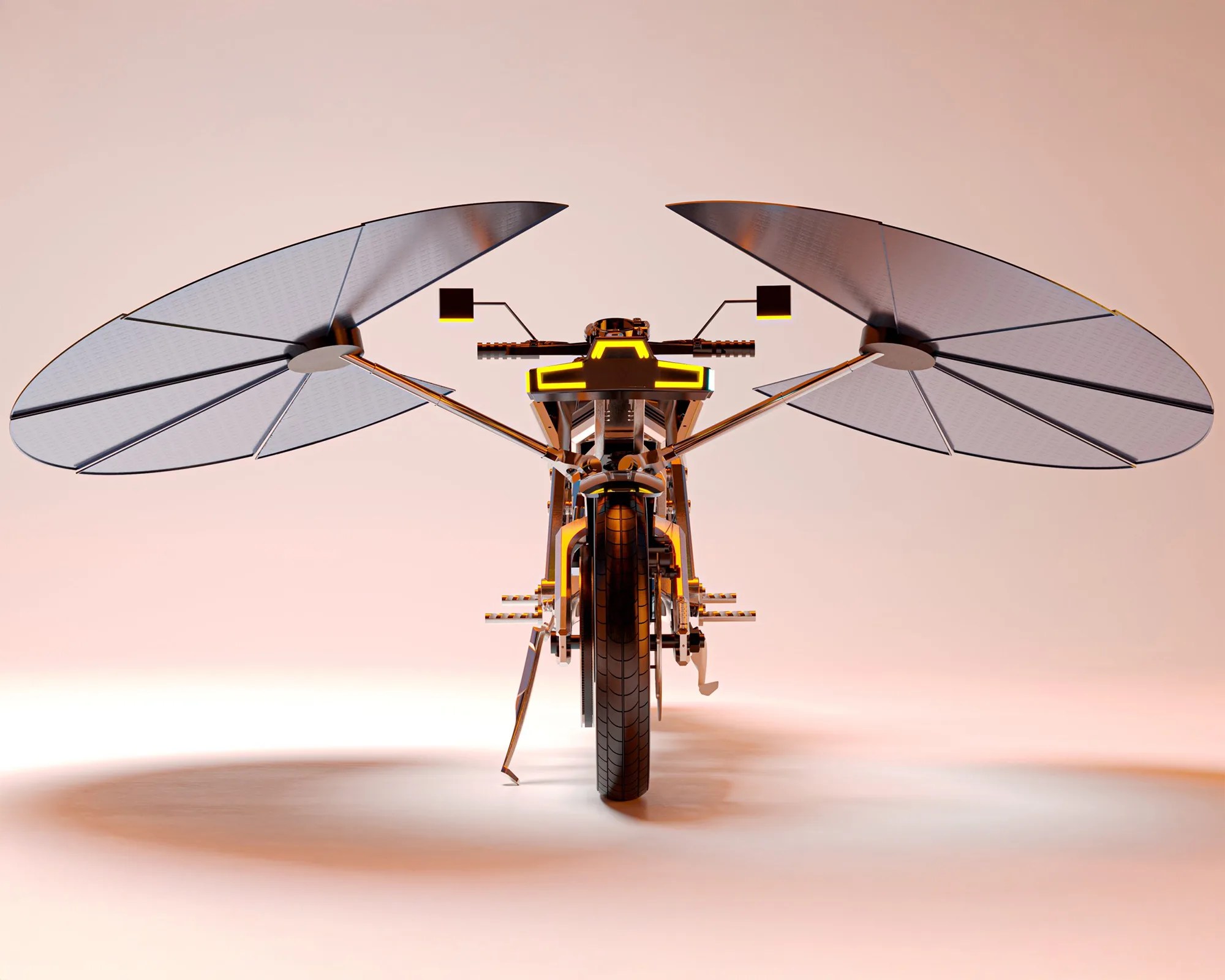 Futuristic motorcycle with large circular solar panel wings extended on both sides.