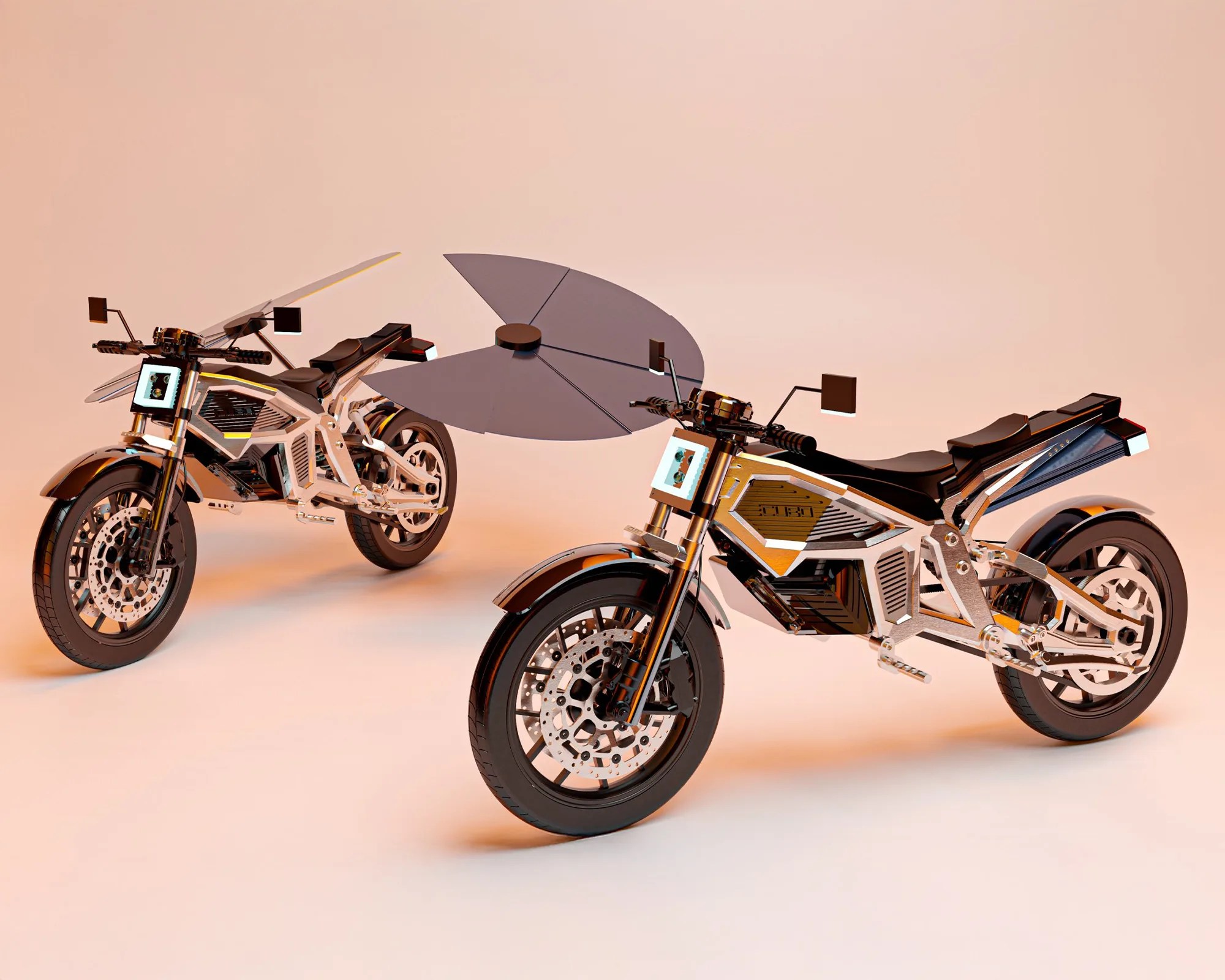 Two futuristic electric motorcycles with metallic frames and digital square headlights, one with a large black propeller attached.