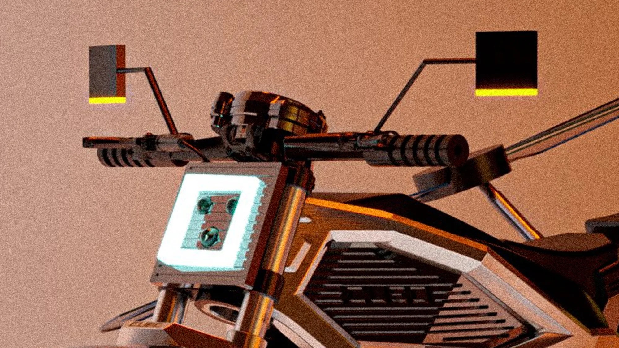Close-up of a motorcycle handlebar with square rearview mirrors and a bright square headlight.