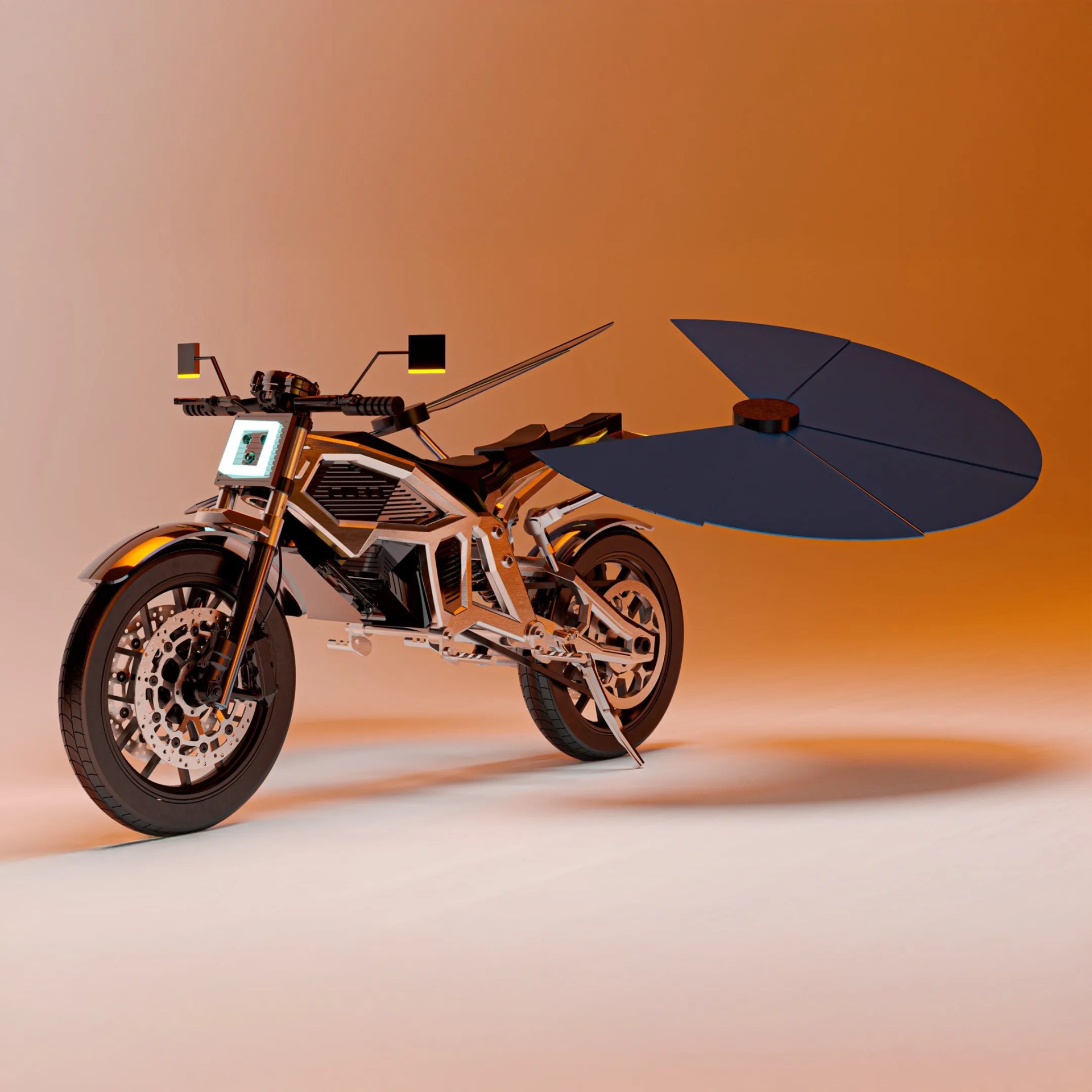 Futuristic motorcycle with metallic frame and large blue circular wing attached at the rear, set against an orange background.