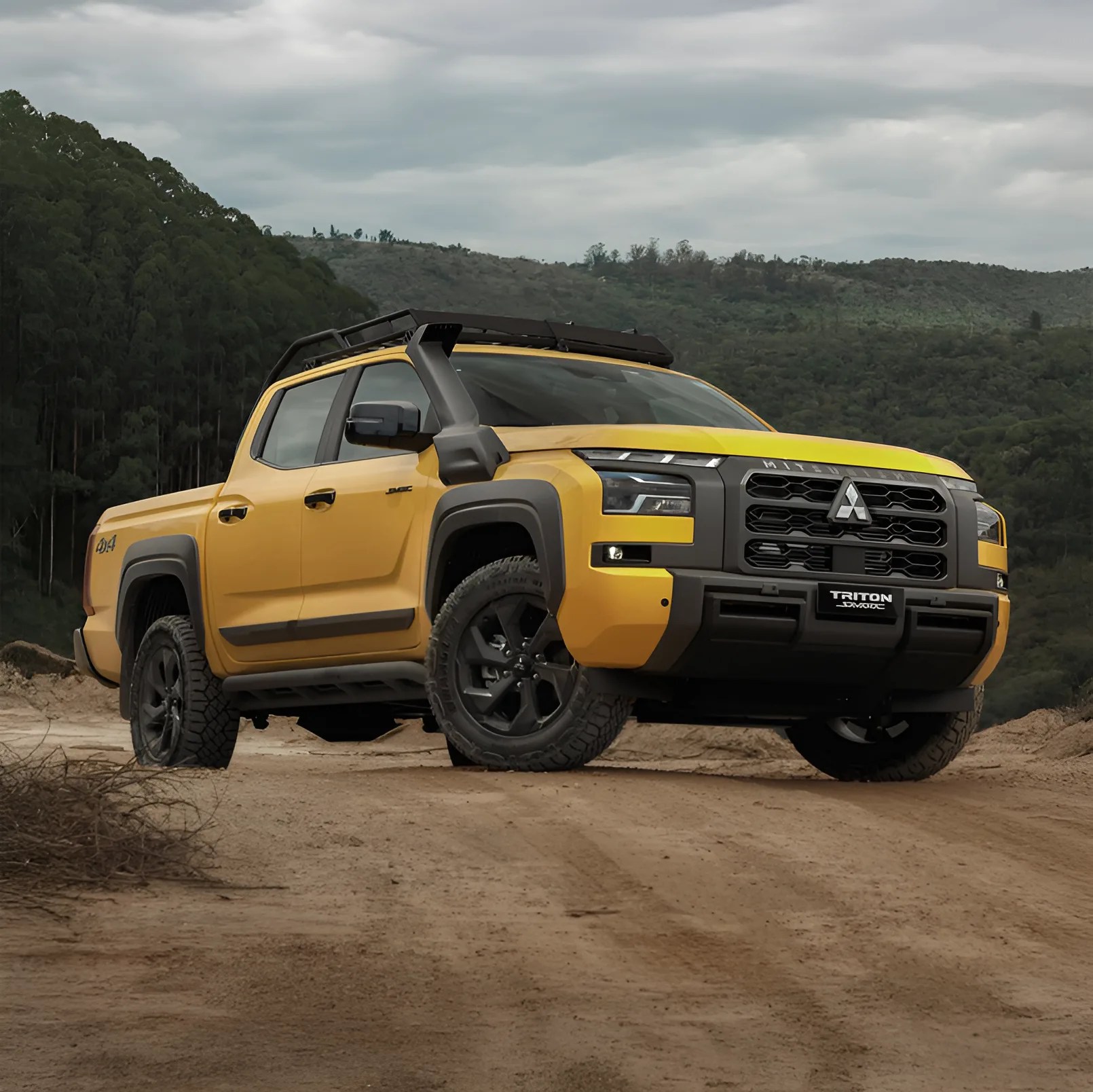 Yellow Mitsubishi Triton pickup truck with black trim and roof rack on a dirt road with forested hills in the background.