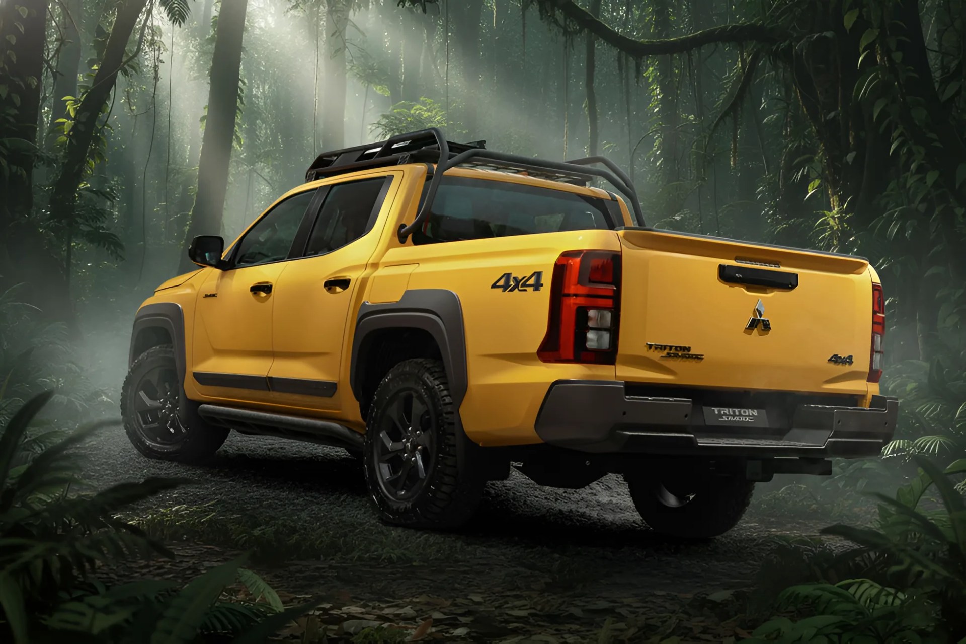Yellow Mitsubishi Triton 4x4 pickup truck with black roof rack in a misty forest.