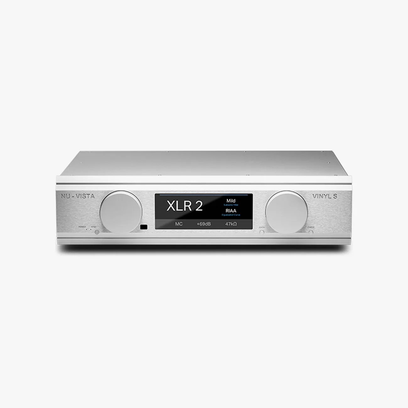 Silver Nu-Vista Vinyl S audio preamplifier with two large knobs and a digital display in the center.