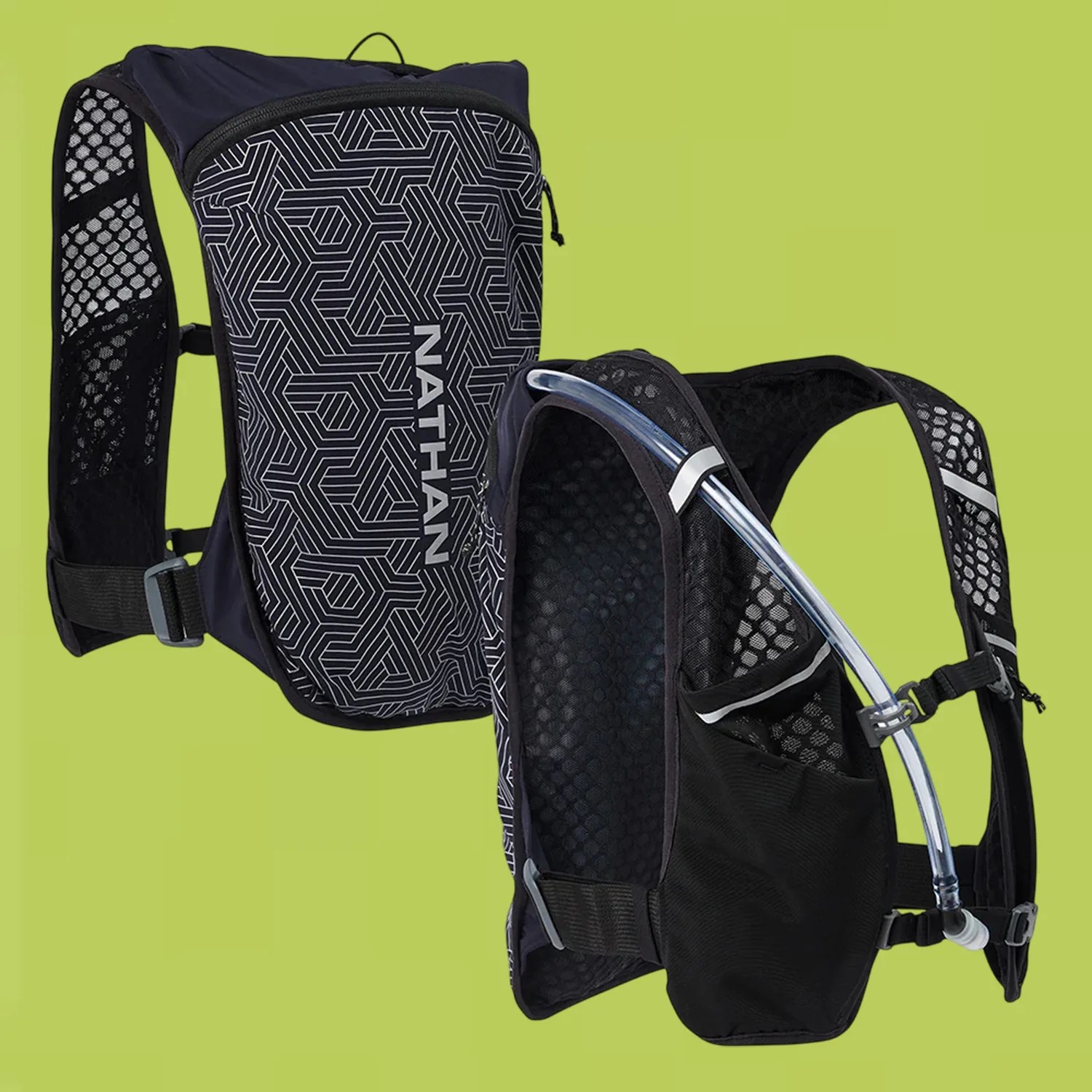 Black hydration backpack with geometric pattern, mesh straps, and a clear drinking tube.