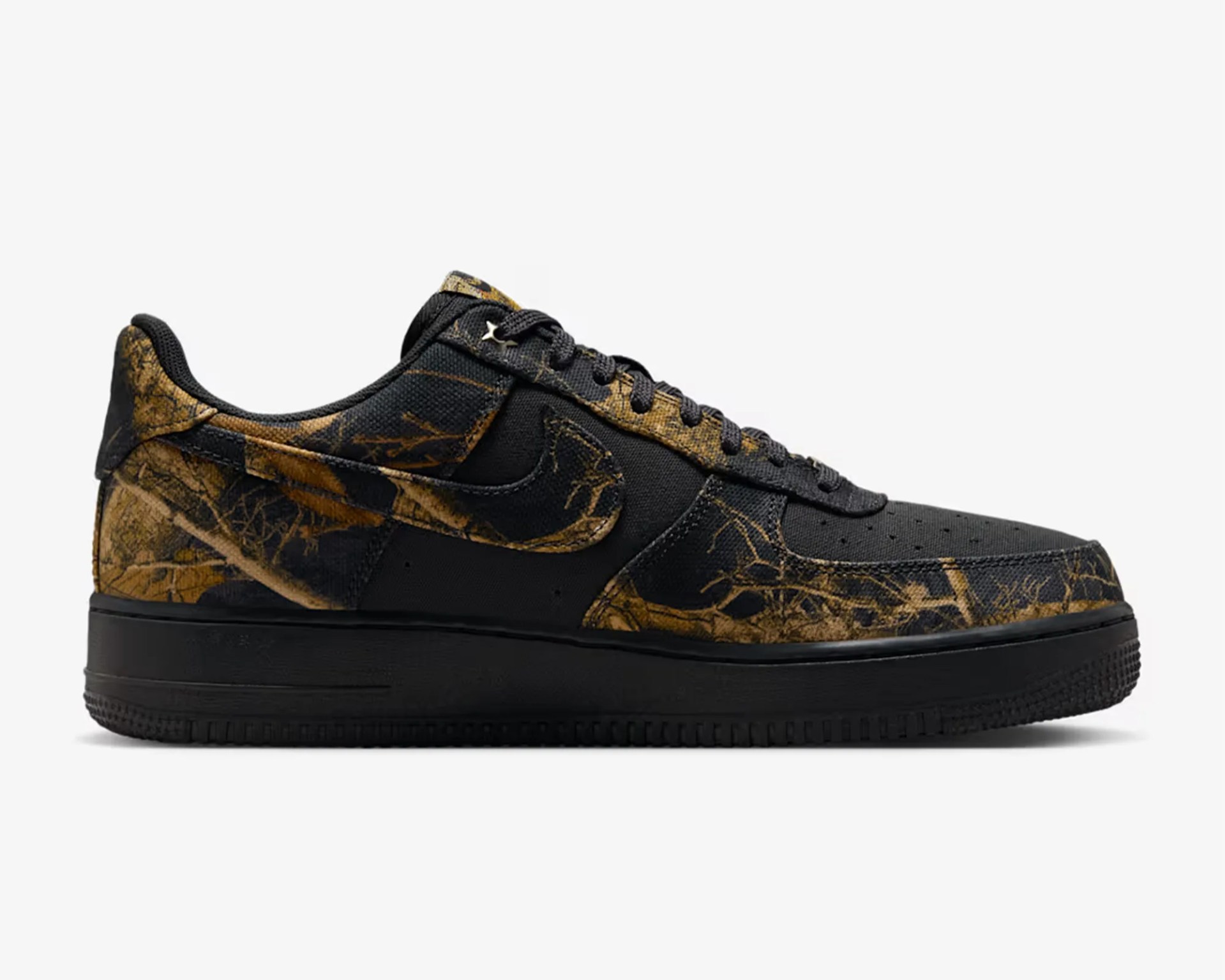 Black and brown camo-patterned Nike Air Force 1 sneaker with black sole and laces.