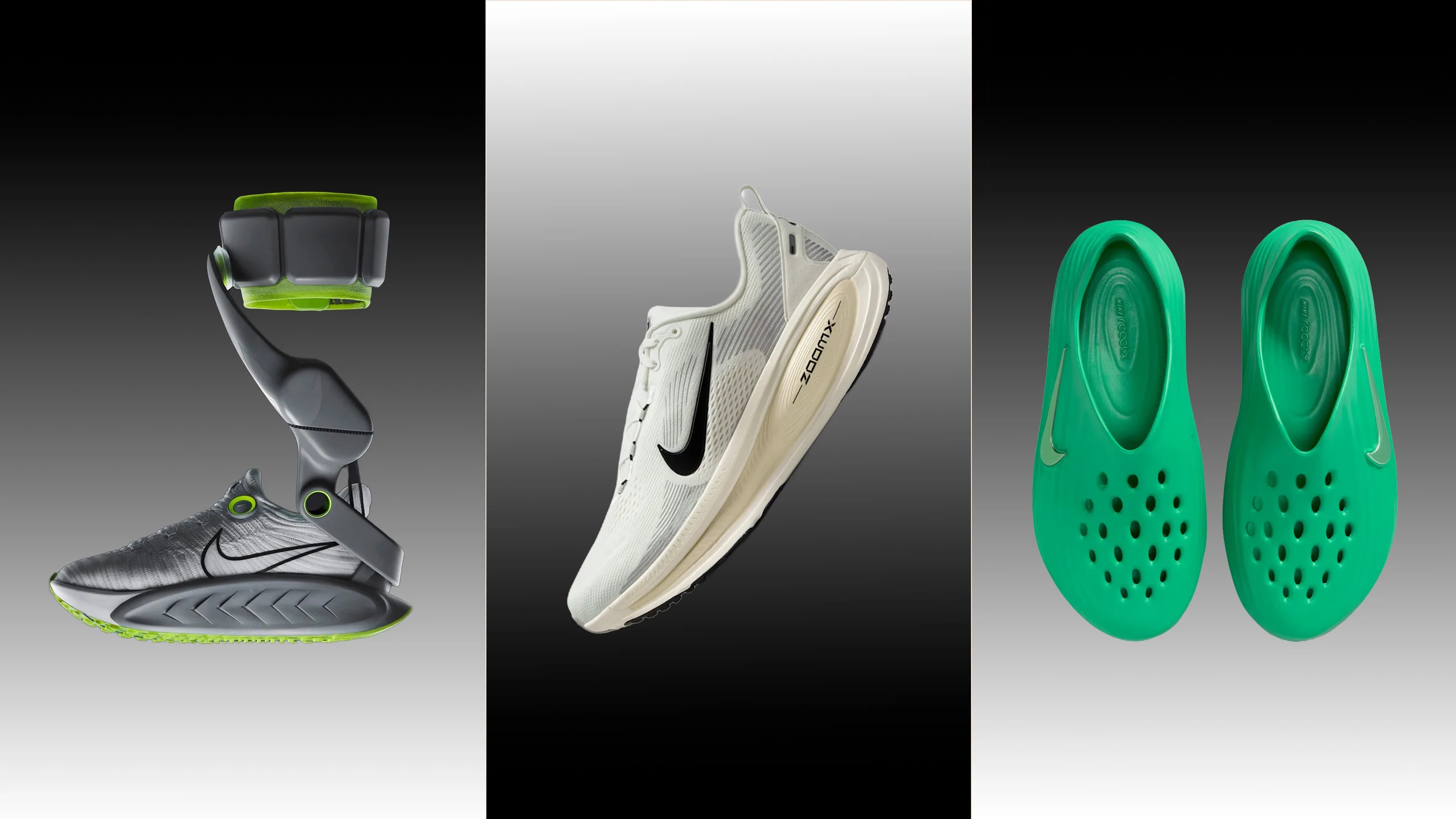 Three different Nike shoes displayed against a gradient black to white background: a gray and green futuristic shoe with a mechanical ankle brace on the left, a white Nike ZoomX running shoe with a black swoosh in the center, and a pair of green slip-on shoes with ventilation holes and a silver swoosh on the right.