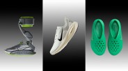 Three different Nike shoes displayed against a gradient black to white background: a gray and green futuristic shoe with a mechanical ankle brace on the left, a white Nike ZoomX running shoe with a black swoosh in the center, and a pair of green slip-on shoes with ventilation holes and a silver swoosh on the right.
