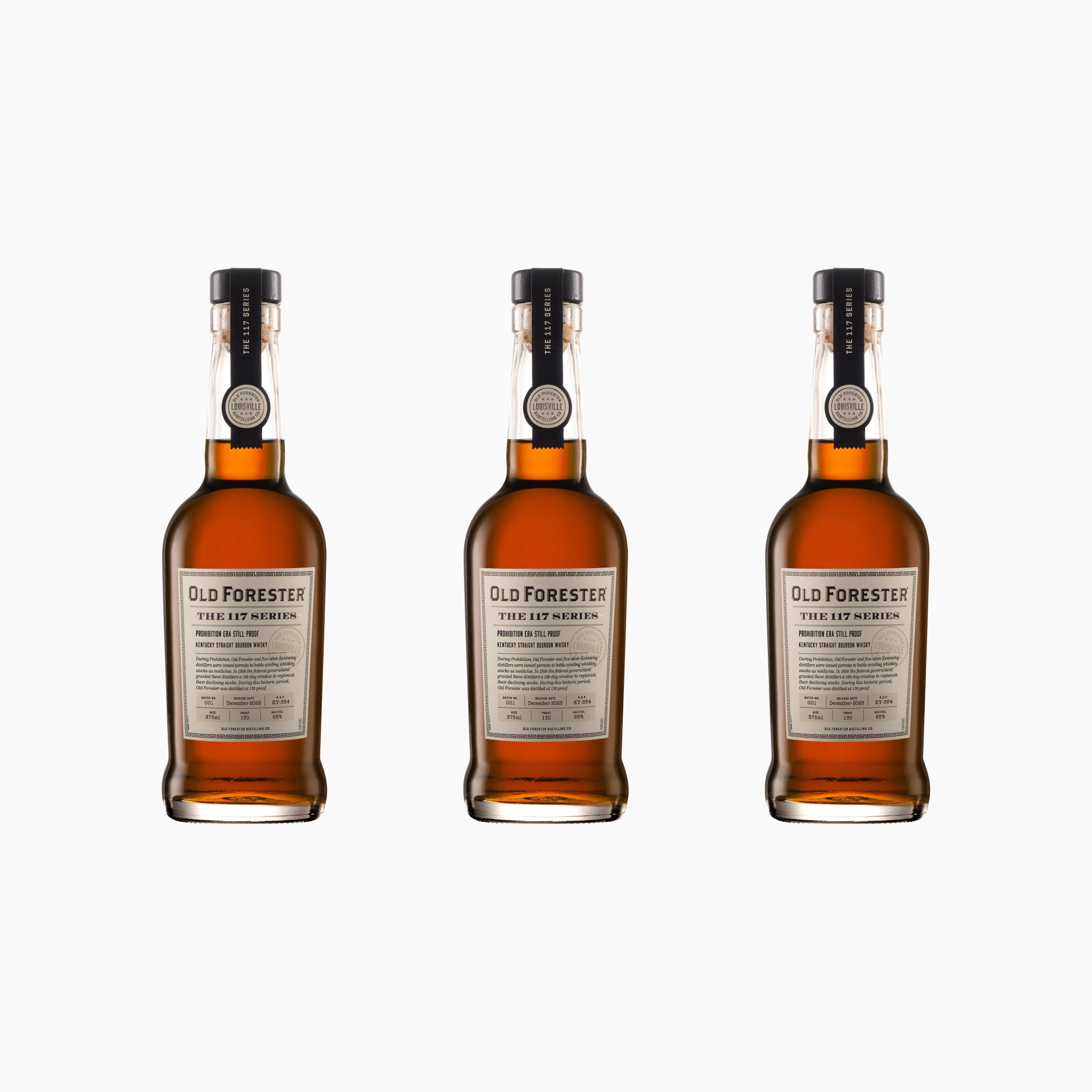 Three identical bottles of Old Forester The 117 Series Kentucky Straight Bourbon Whiskey with black caps and beige labels on a white background.