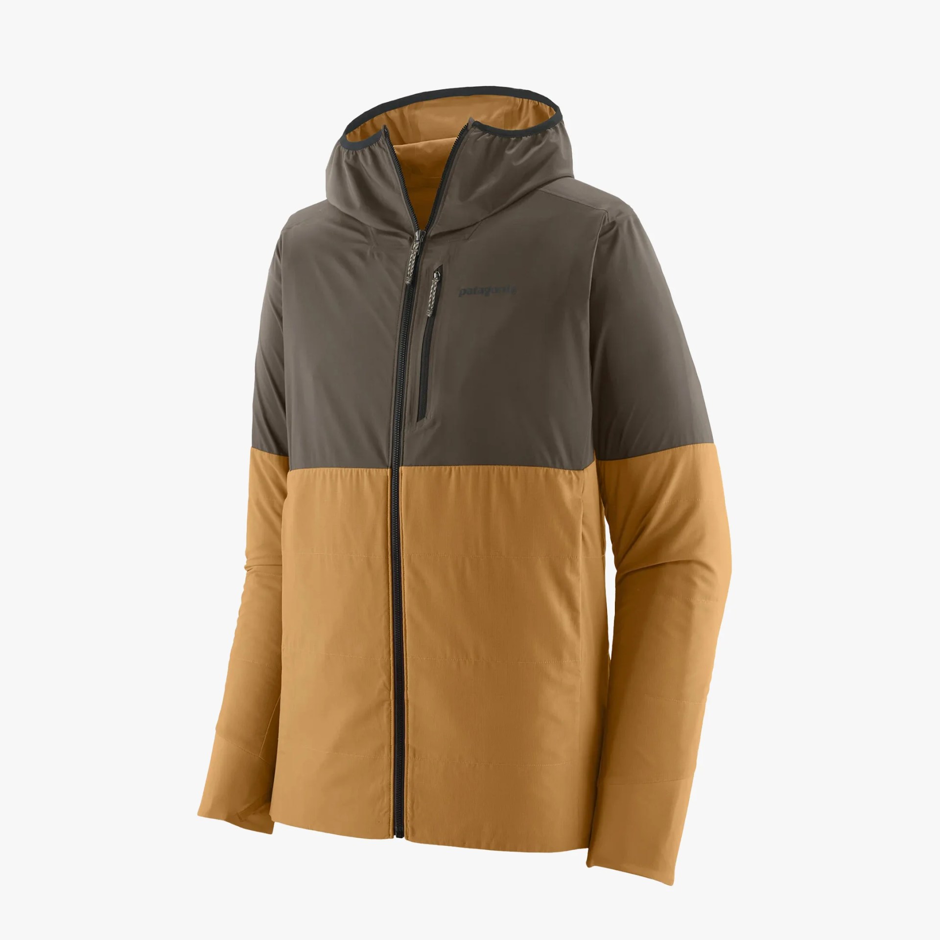 Two-tone brown and mustard insulated hooded jacket with front zipper and chest pocket.