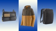 Gray and yellow zippered shoulder bag with fish logo, brown and yellow hooded jacket with chest pocket, and black rectangular backpack with shoulder straps.