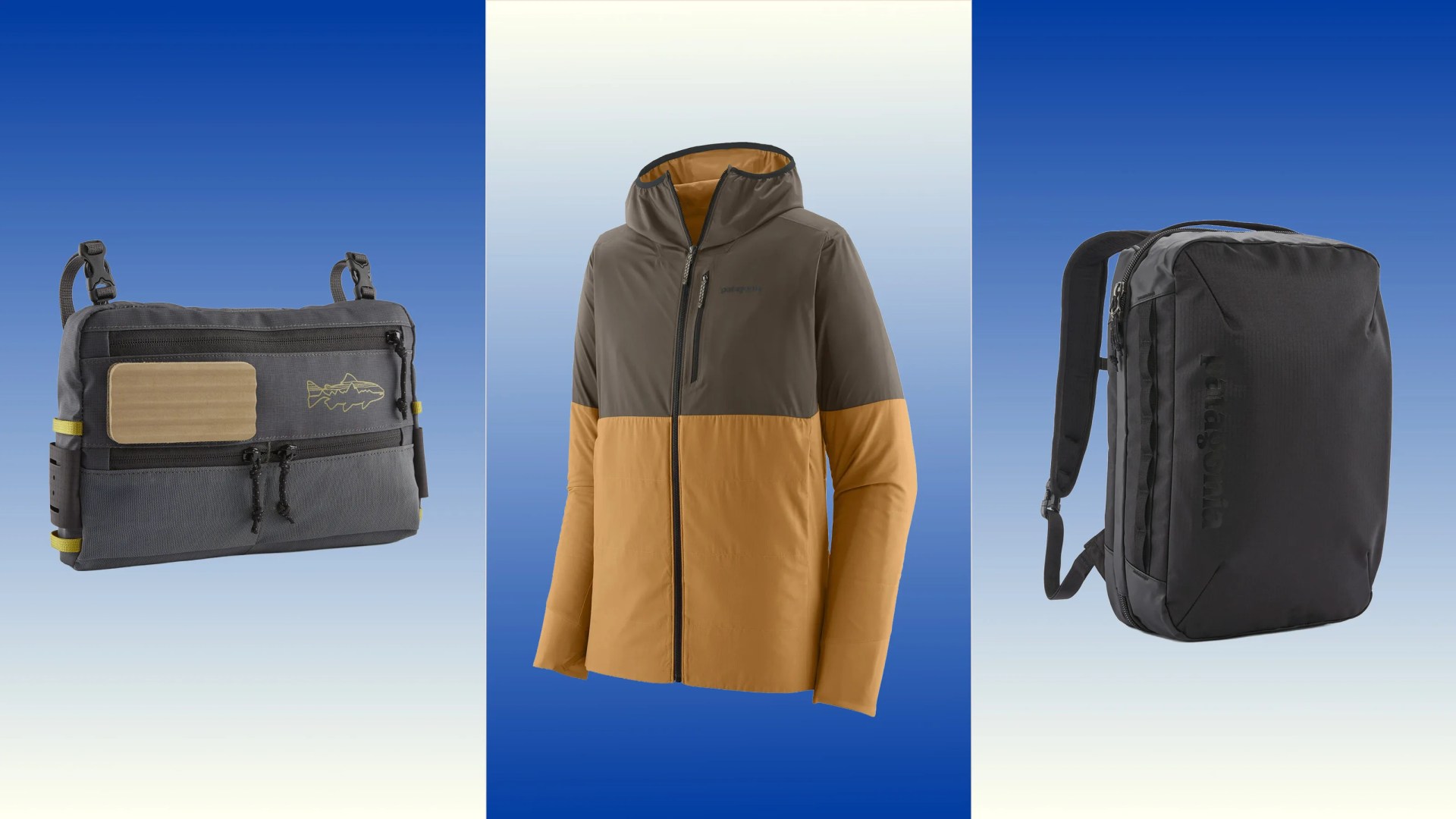 Gray and yellow zippered shoulder bag with fish logo, brown and yellow hooded jacket with chest pocket, and black rectangular backpack with shoulder straps.